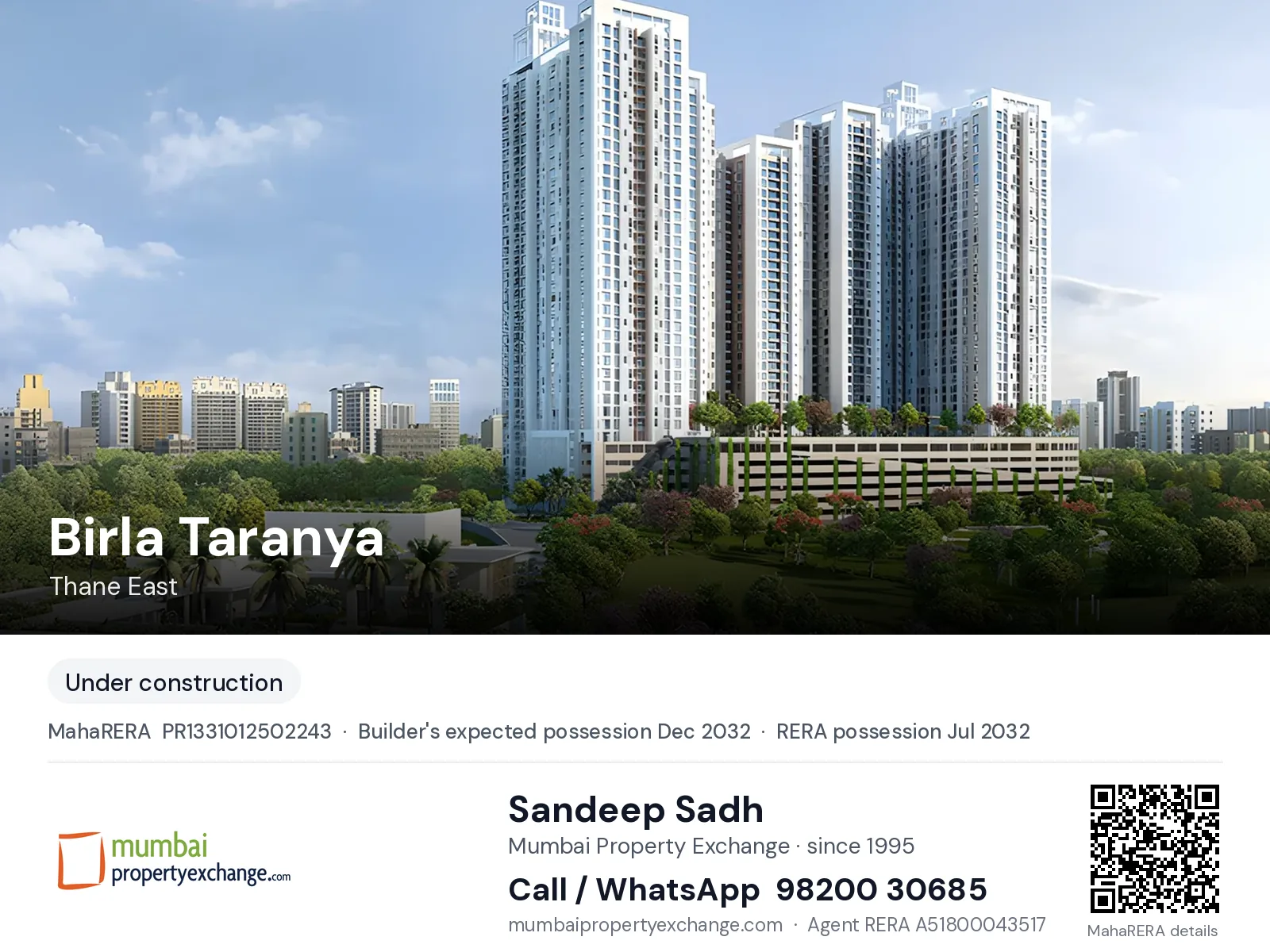 Birla Taranya, Thane East — new project, builder's expected possession Dec 2032, RERA possession Jul 2032 | Mumbai Property Exchange, Sandeep Sadh 98200 30685