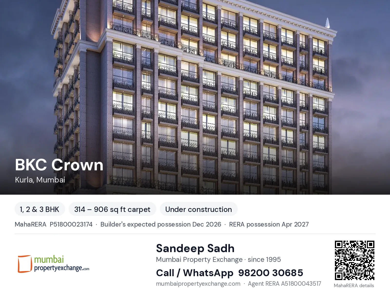 BKC Crown by Urban, Kurla, Mumbai — 1, 2 & 3 BHK new project, builder's expected possession Dec 2026, RERA possession Apr 2027 | Mumbai Property Exchange, Sandeep Sadh 98200 30685