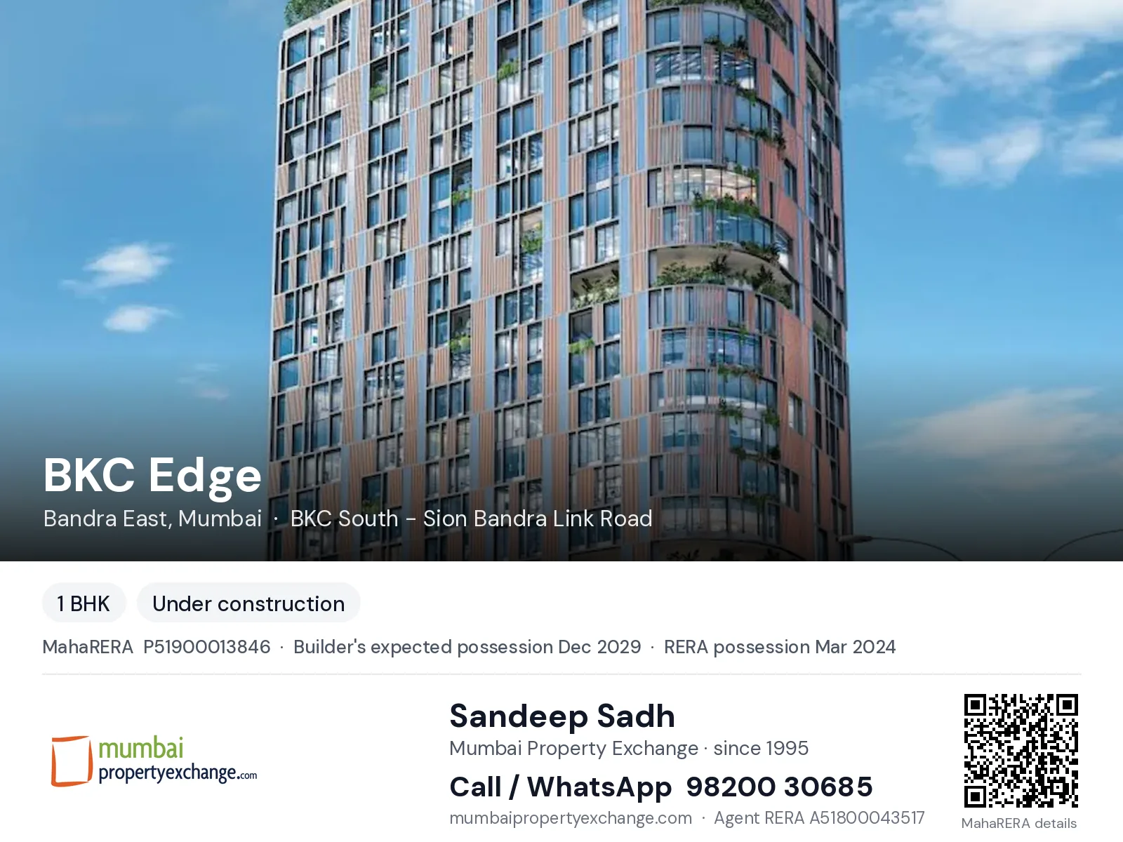 BKC Edge by Labdhi Lifestyle, Bandra East, Mumbai — 1 BHK new project, builder's expected possession Dec 2029, RERA possession Mar 2024 | Mumbai Property Exchange, Sandeep Sadh 98200 30685
