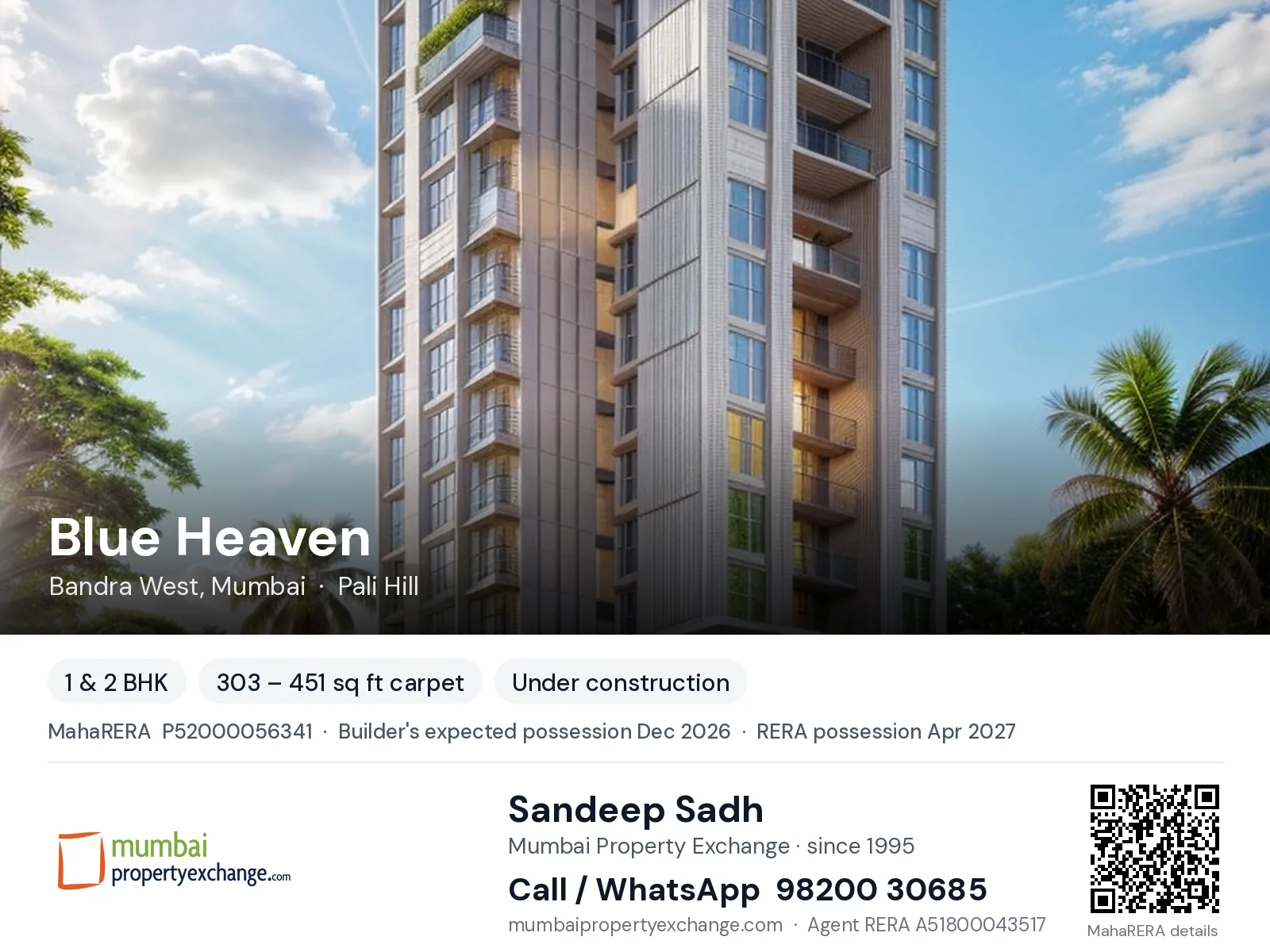 Blue Heaven by Sach, Bandra West, Mumbai — 1 & 2 BHK new project, builder's expected possession Dec 2026, RERA possession Apr 2027 | Mumbai Property Exchange, Sandeep Sadh 98200 30685