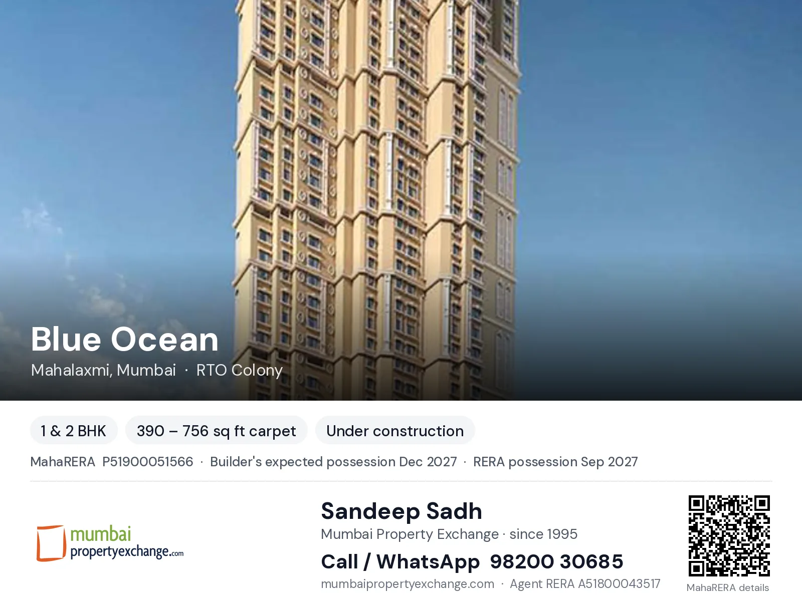 Blue Ocean by Quba, Mahalaxmi, Mumbai — 1 & 2 BHK new project, builder's expected possession Dec 2027, RERA possession Sep 2027 | Mumbai Property Exchange, Sandeep Sadh 98200 30685