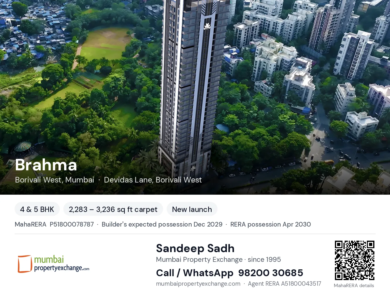 Brahma by Hariko, Borivali West, Mumbai — 4 & 5 BHK new project, builder's expected possession Dec 2029, RERA possession Apr 2030 | Mumbai Property Exchange, Sandeep Sadh 98200 30685