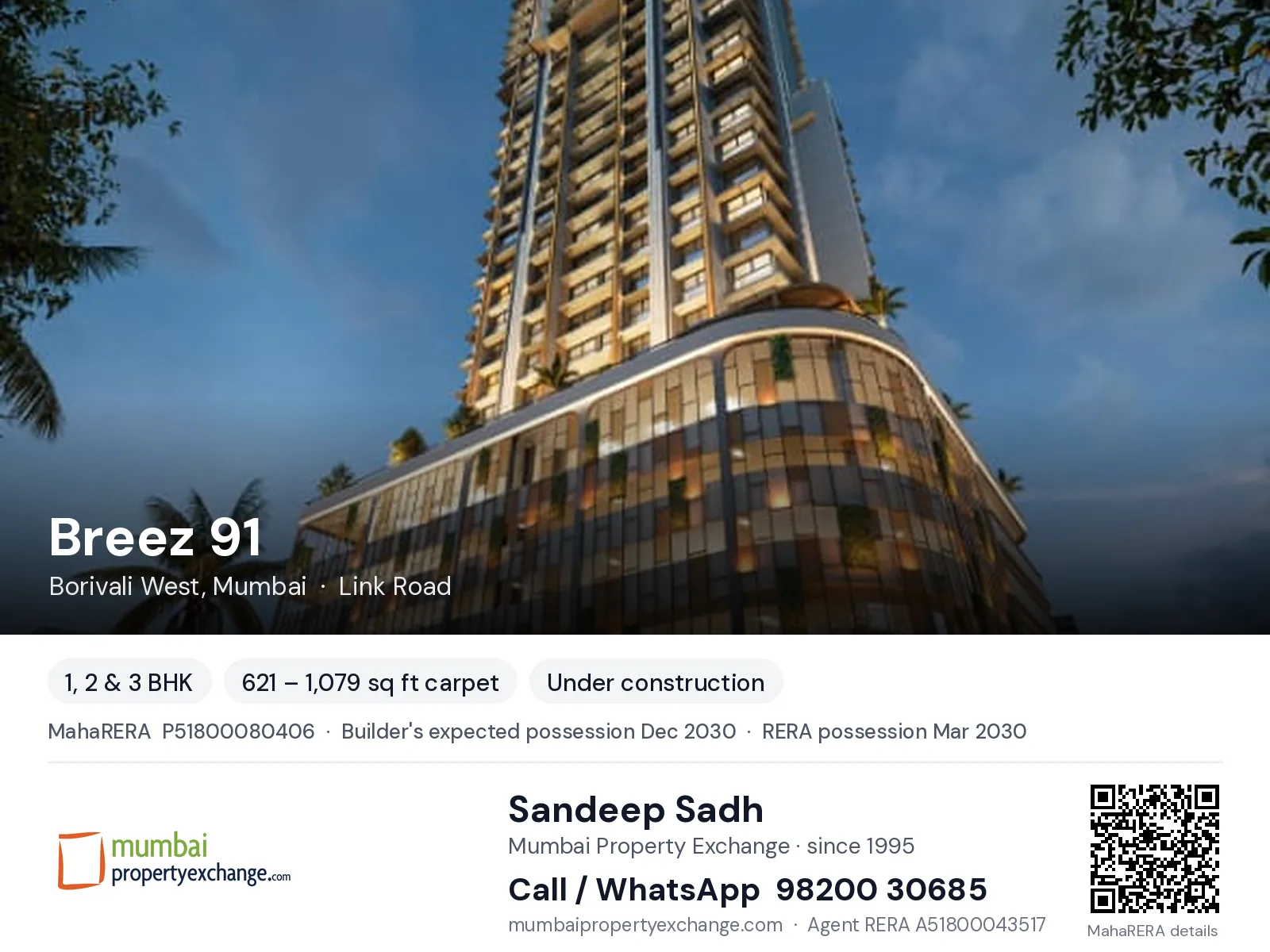 Breez 91 by Kaustubh, Borivali West, Mumbai — 1, 2 & 3 BHK new project, builder's expected possession Dec 2030, RERA possession Mar 2030 | Mumbai Property Exchange, Sandeep Sadh 98200 30685