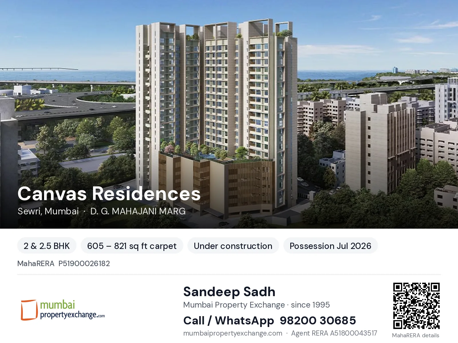 Canvas Residences by Shapoorji Pallonji, Sewri, Mumbai — 2 & 2.5 BHK new project, possession Jul 2026 | Mumbai Property Exchange, Sandeep Sadh 98200 30685