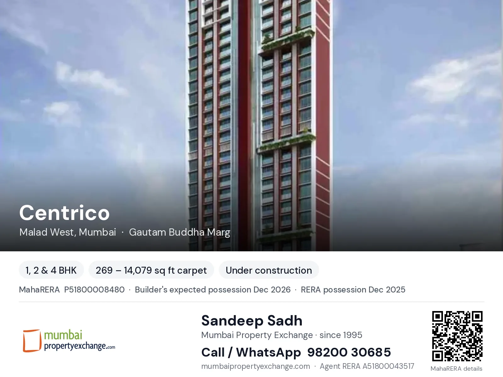 Centrico by Vora Skyline, Malad West, Mumbai — 1, 2 & 4 BHK new project, builder's expected possession Dec 2026, RERA possession Dec 2025 | Mumbai Property Exchange, Sandeep Sadh 98200 30685