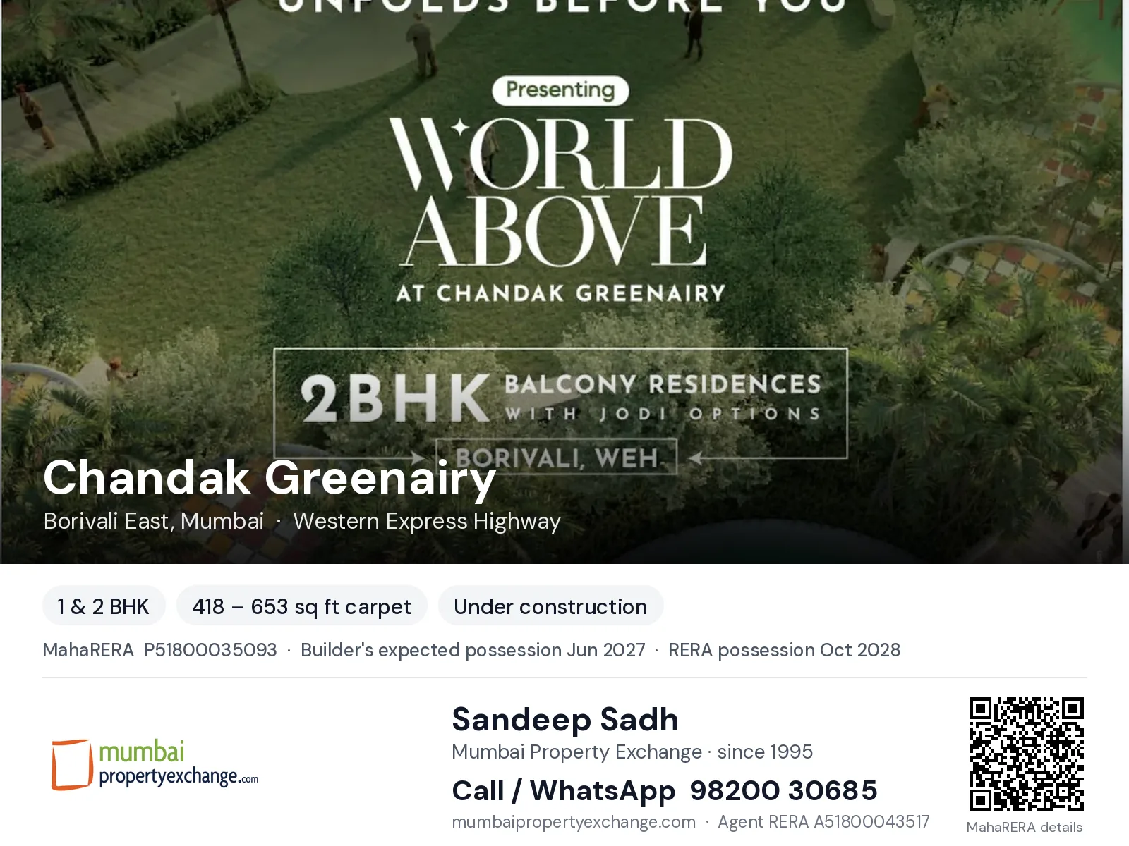 Chandak Greenairy, Borivali East, Mumbai — 1 & 2 BHK new project, builder's expected possession Jun 2027, RERA possession Oct 2028 | Mumbai Property Exchange, Sandeep Sadh 98200 30685