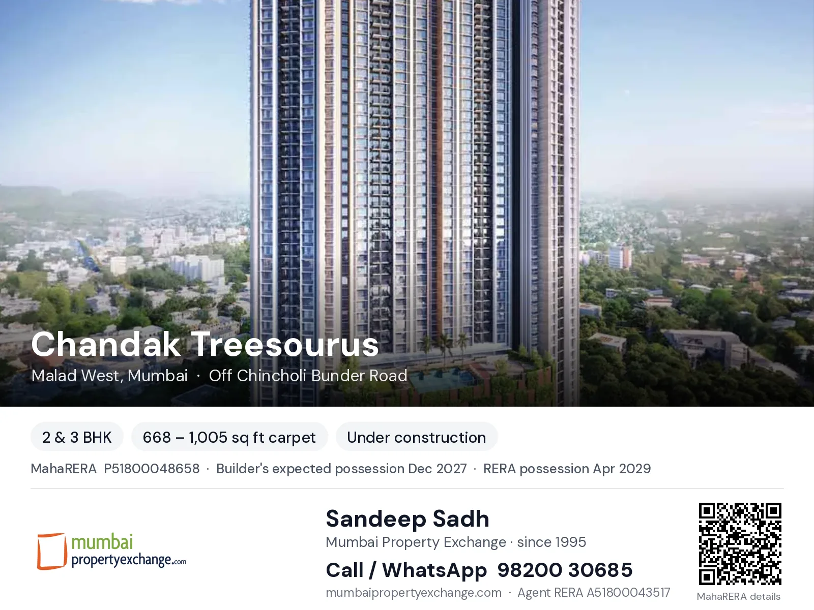 Chandak Treesourus, Malad West, Mumbai — 2 & 3 BHK new project, builder's expected possession Dec 2027, RERA possession Apr 2029 | Mumbai Property Exchange, Sandeep Sadh 98200 30685