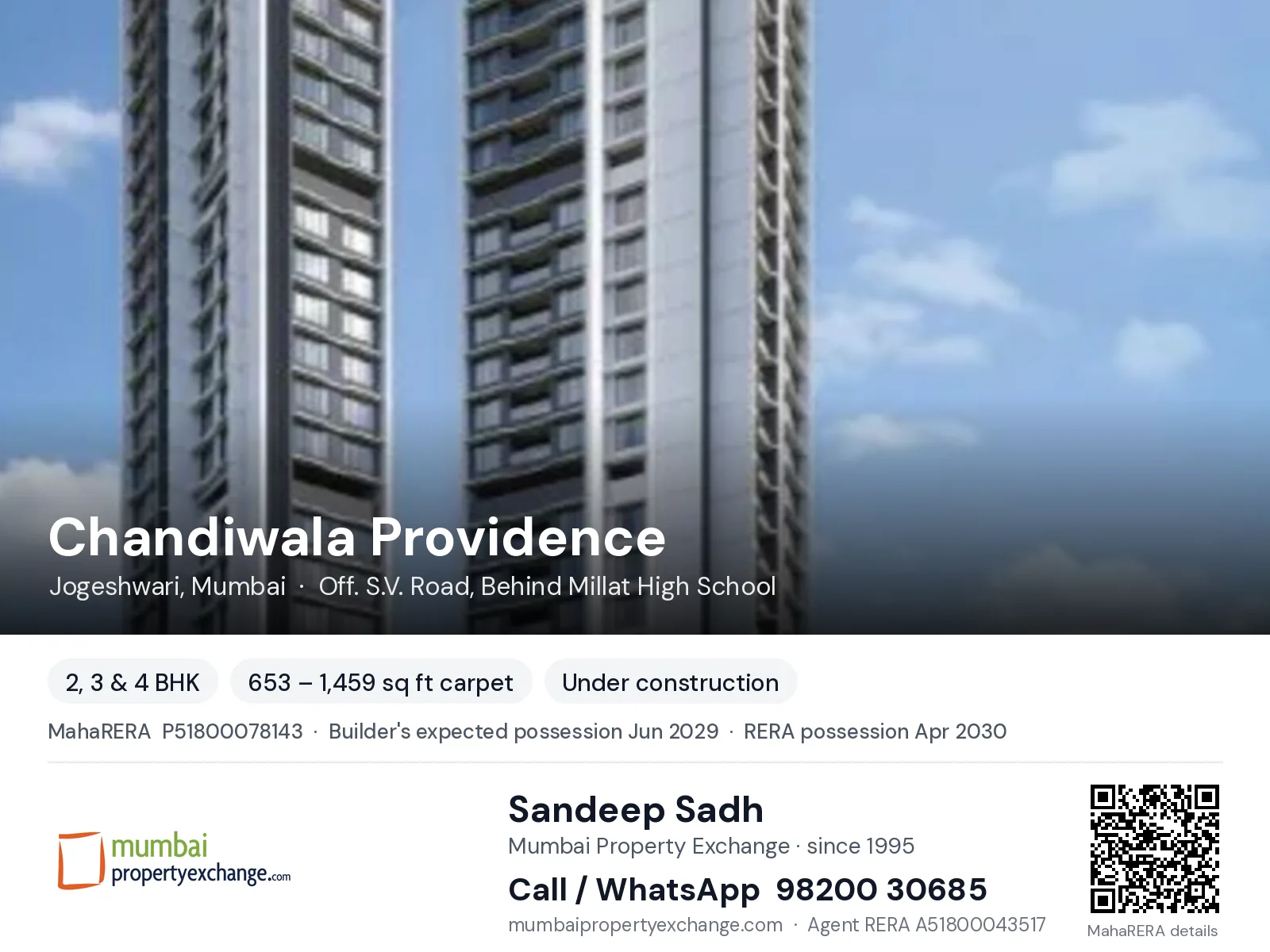 Chandiwala Providence by Chandivala, Jogeshwari, Mumbai — 2, 3 & 4 BHK new project, builder's expected possession Jun 2029, RERA possession Apr 2030 | Mumbai Property Exchange, Sandeep Sadh 98200 30685