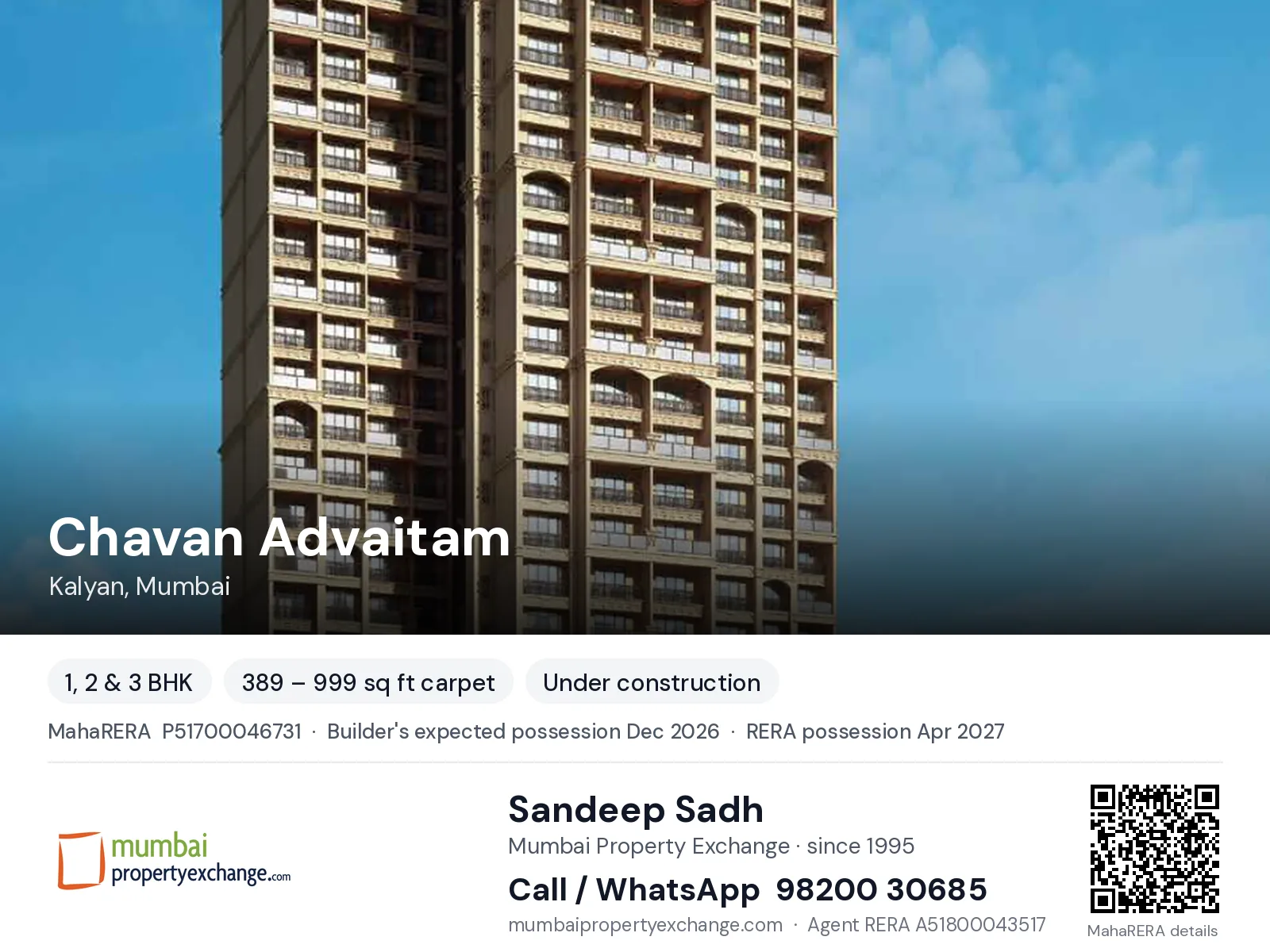 Chavan Advaitam, Kalyan, Mumbai — 1, 2 & 3 BHK new project, builder's expected possession Dec 2026, RERA possession Apr 2027 | Mumbai Property Exchange, Sandeep Sadh 98200 30685