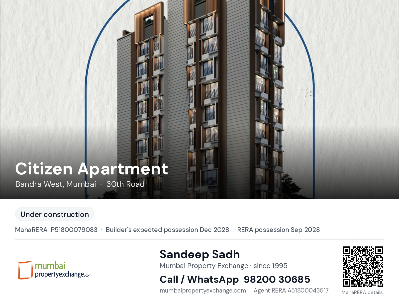 Citizen Apartment by PCPL, Bandra West, Mumbai — new project, builder's expected possession Dec 2028, RERA possession Sep 2028 | Mumbai Property Exchange, Sandeep Sadh 98200 30685