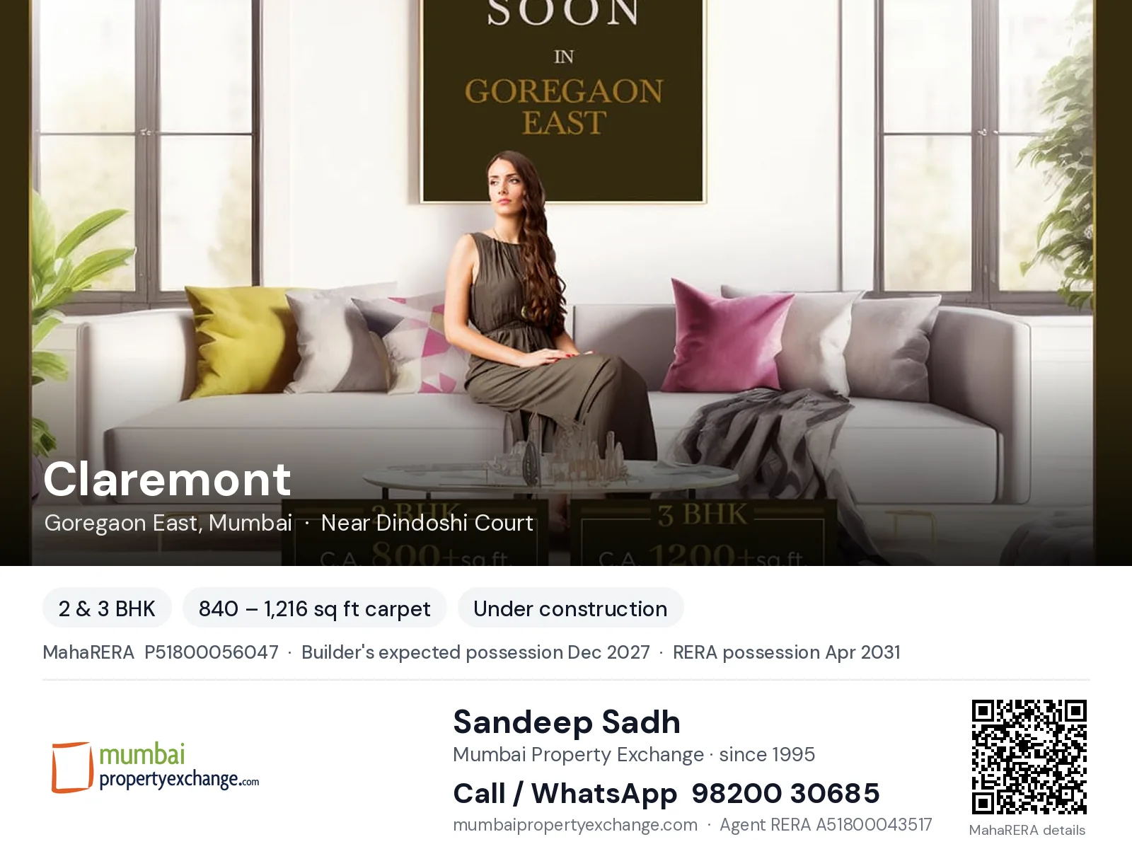 Claremont by Origin, Goregaon East, Mumbai — 2 & 3 BHK new project, builder's expected possession Dec 2027, RERA possession Apr 2031 | Mumbai Property Exchange, Sandeep Sadh 98200 30685
