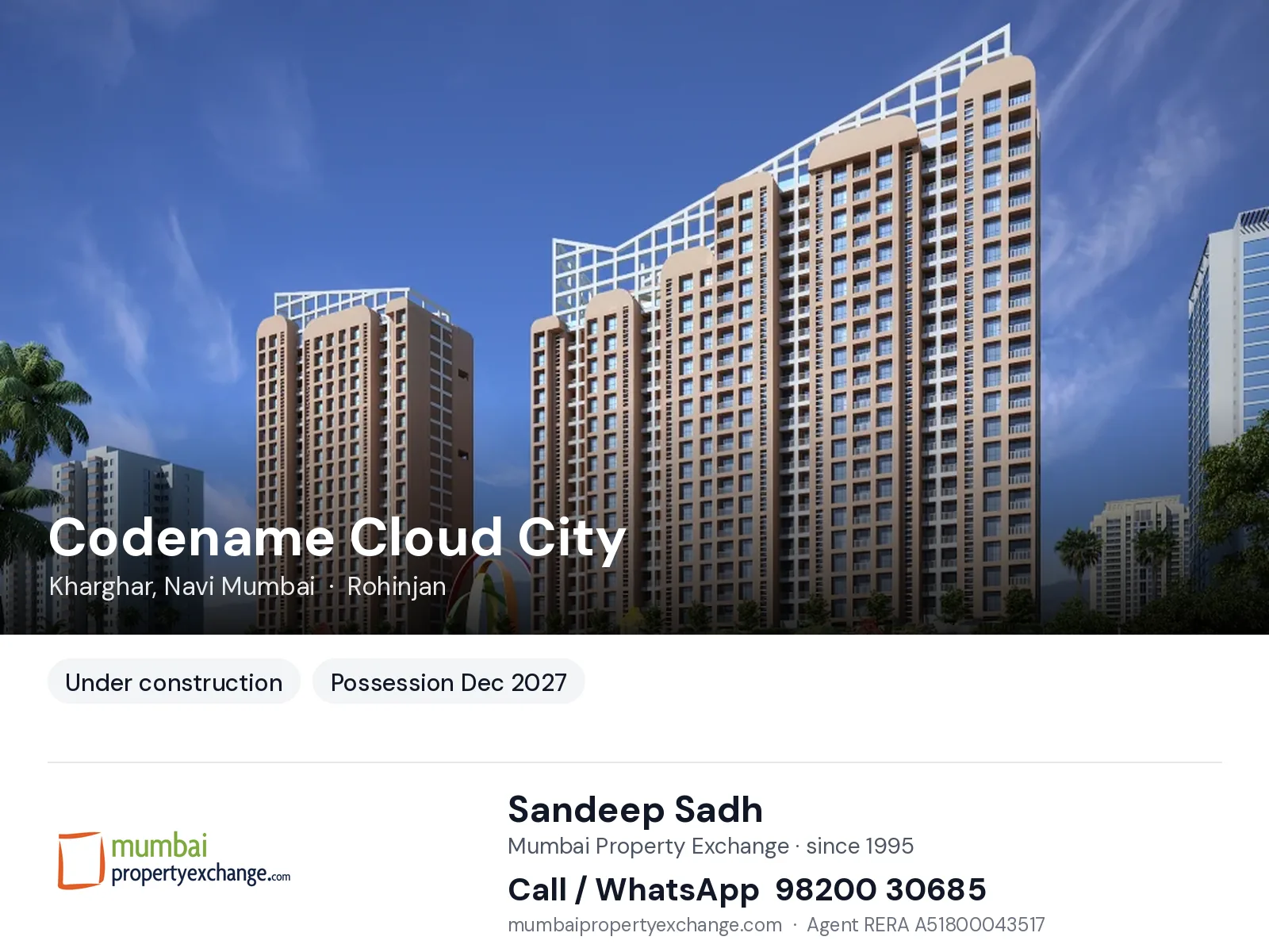 Codename Cloud City by Today Global, Kharghar, Navi Mumbai — new project, possession Dec 2027 | Mumbai Property Exchange, Sandeep Sadh 98200 30685