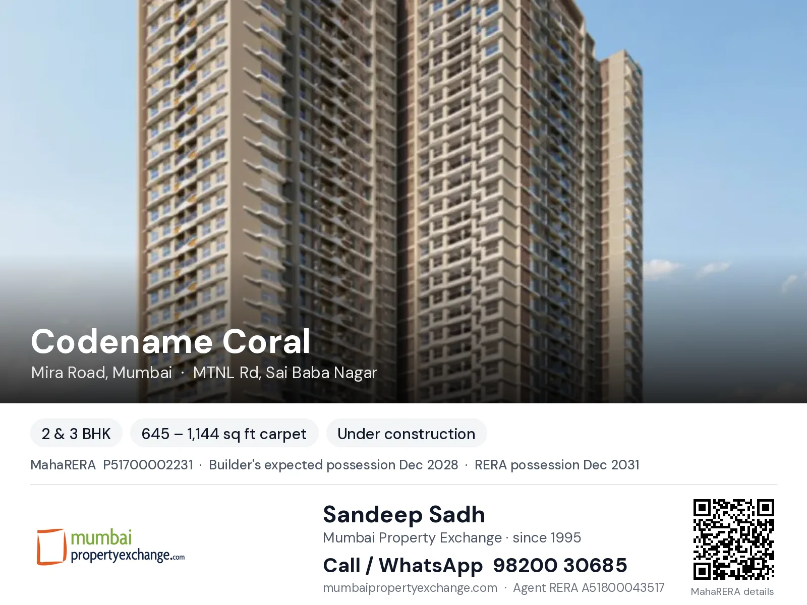 Codename Coral by Mayfair, Mira Road, Mumbai โ 2 & 3 BHK new project, builder's expected possession Dec 2028, RERA possession Dec 2031 | Mumbai Property Exchange, Sandeep Sadh 98200 30685