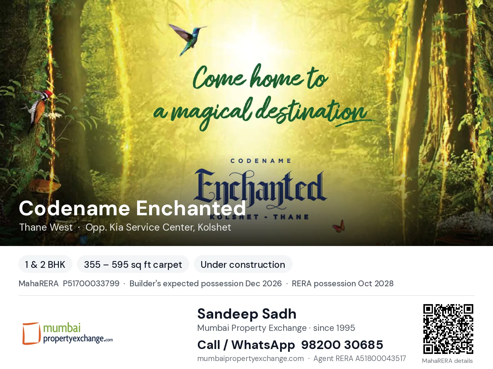 Codename Enchanted by Runwal, Thane West — 1 & 2 BHK new project, builder's expected possession Dec 2026, RERA possession Oct 2028 | Mumbai Property Exchange, Sandeep Sadh 98200 30685