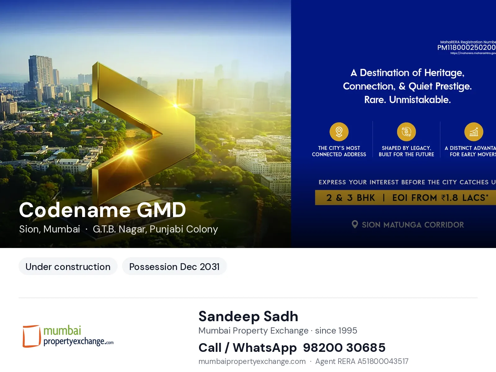 Codename GMD by Trans India, Sion, Mumbai — new project, possession Dec 2031 | Mumbai Property Exchange, Sandeep Sadh 98200 30685