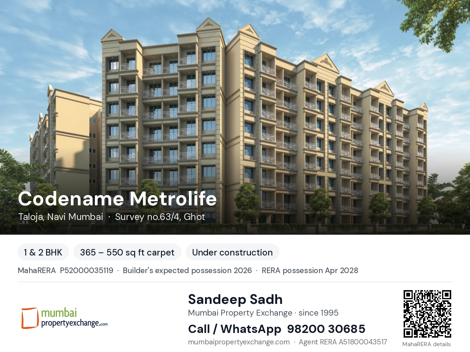 Codename Metrolife by Sri Venkateshwara, Taloja, Navi Mumbai — 1 & 2 BHK new project, builder's expected possession 2026, RERA possession Apr 2028 | Mumbai Property Exchange, Sandeep Sadh 98200 30685
