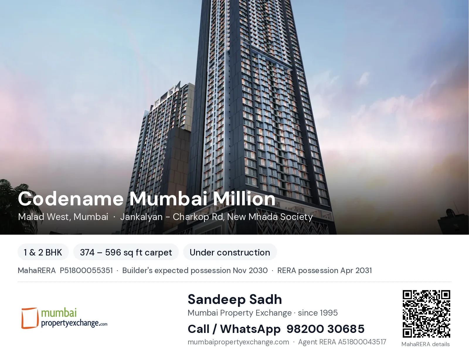 Codename Mumbai Million by Gauri, Malad West, Mumbai — 1 & 2 BHK new project, builder's expected possession Nov 2030, RERA possession Apr 2031 | Mumbai Property Exchange, Sandeep Sadh 98200 30685