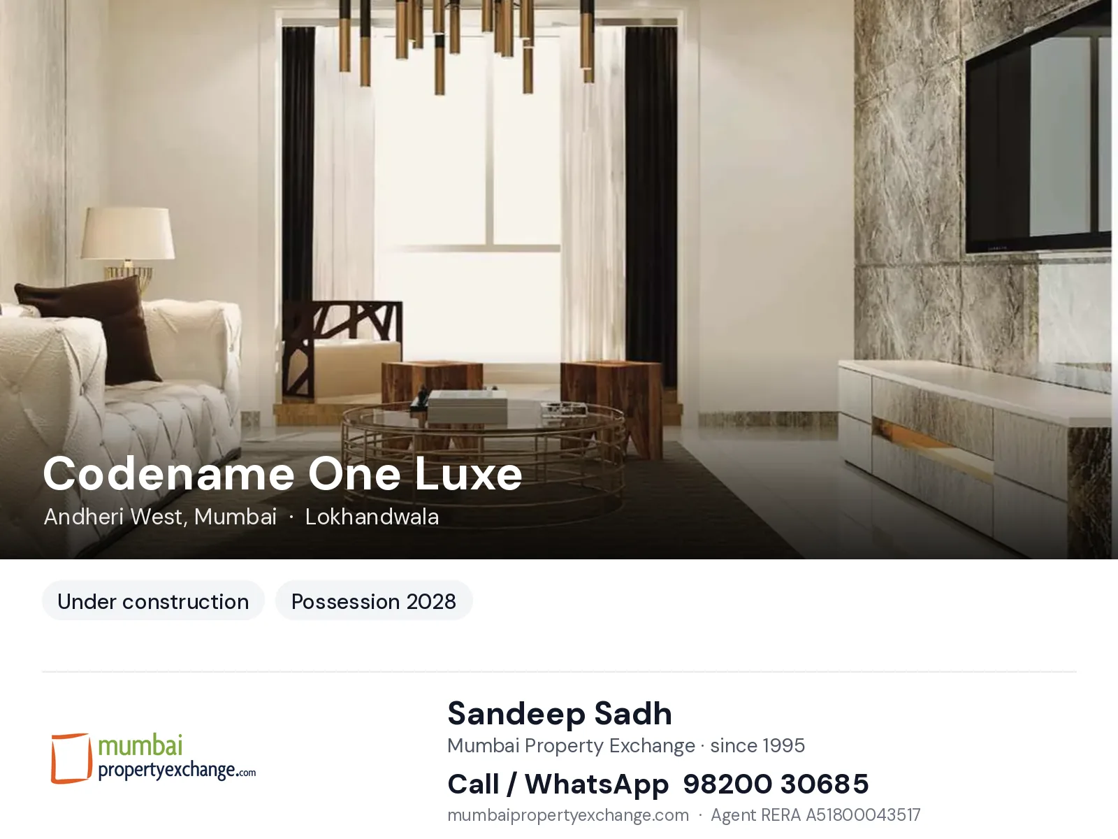 Codename One Luxe by Veena, Andheri West, Mumbai — new project, possession 2028 | Mumbai Property Exchange, Sandeep Sadh 98200 30685
