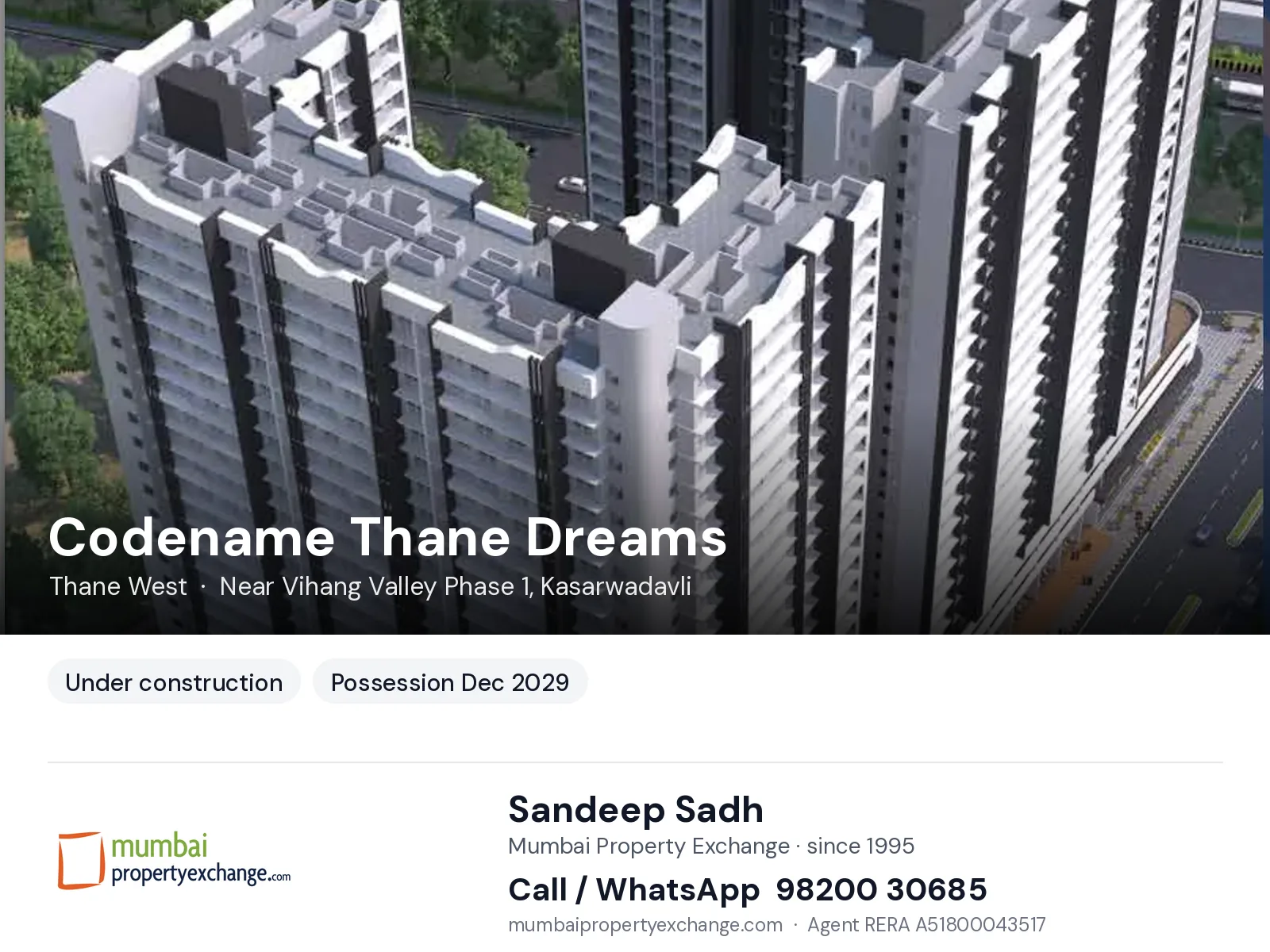 Codename Thane Dreams by Vihang, Thane West — new project, possession Dec 2029 | Mumbai Property Exchange, Sandeep Sadh 98200 30685