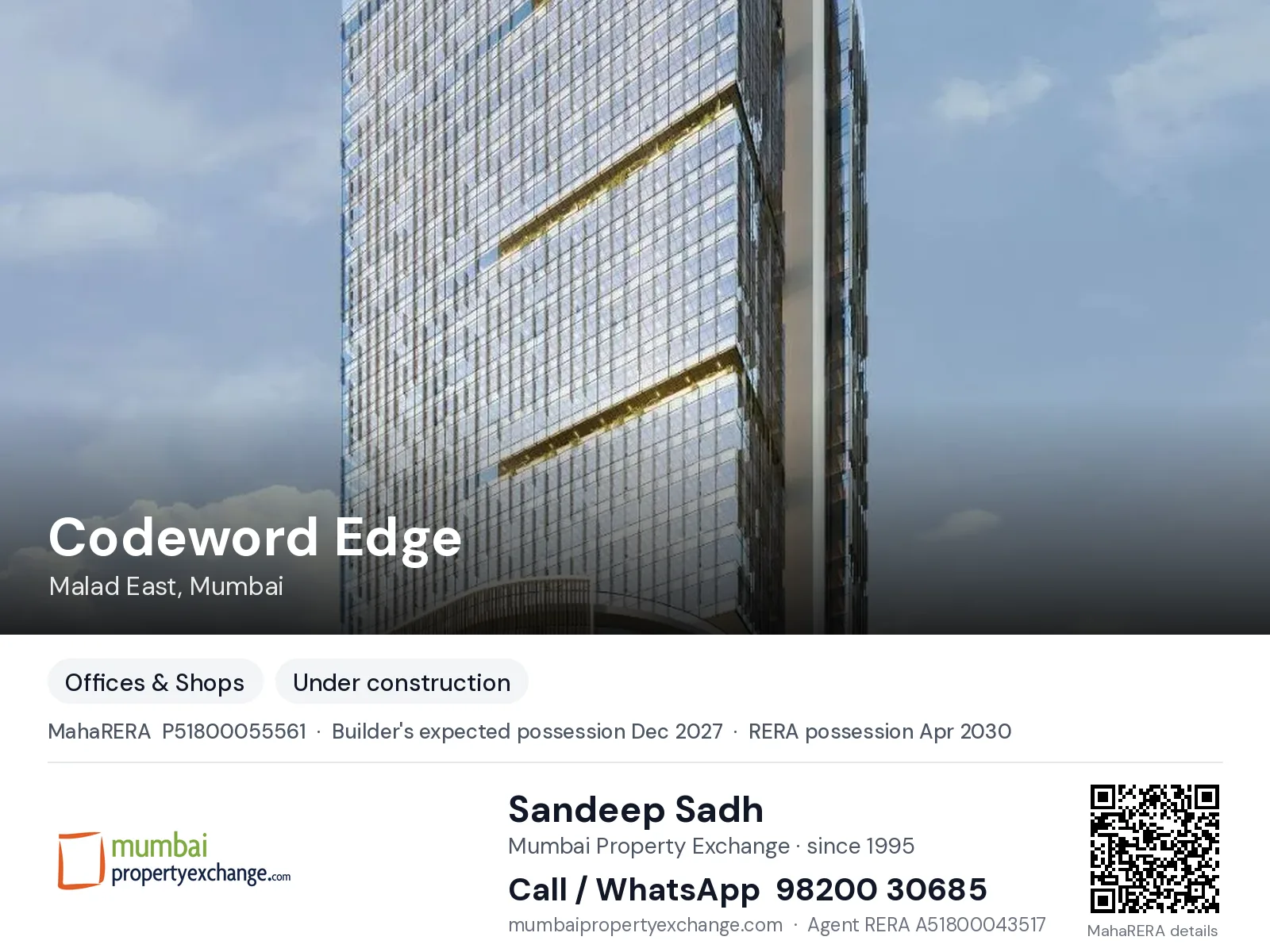 Codeword Edge by Vora, Malad East, Mumbai — new project, builder's expected possession 2027, RERA possession Apr 2030 | Mumbai Property Exchange, Sandeep Sadh 98200 30685