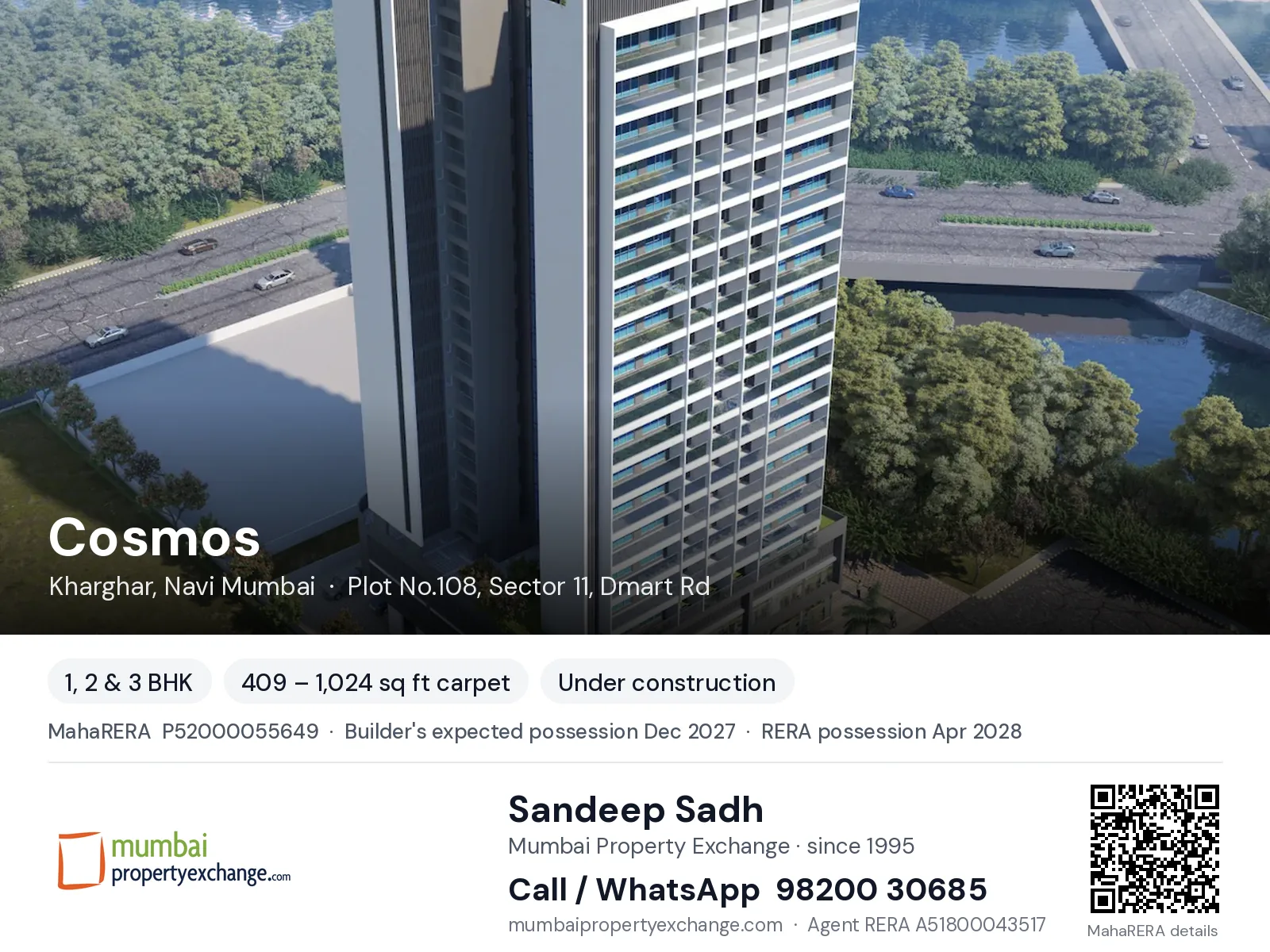 Cosmos by Qualcon, Kharghar, Navi Mumbai — 1, 2 & 3 BHK new project, builder's expected possession Dec 2027, RERA possession Apr 2028 | Mumbai Property Exchange, Sandeep Sadh 98200 30685
