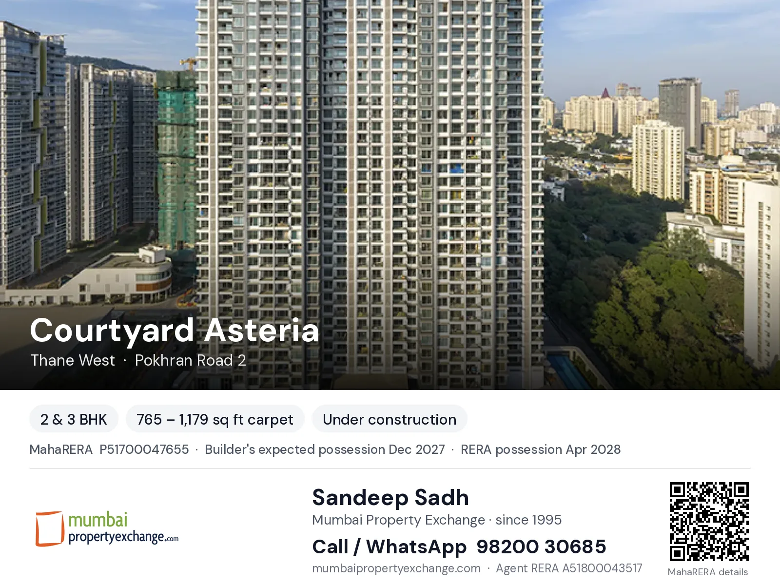 Courtyard Asteria by Narang, Thane West — 2 & 3 BHK new project, builder's expected possession Dec 2027, RERA possession Apr 2028 | Mumbai Property Exchange, Sandeep Sadh 98200 30685