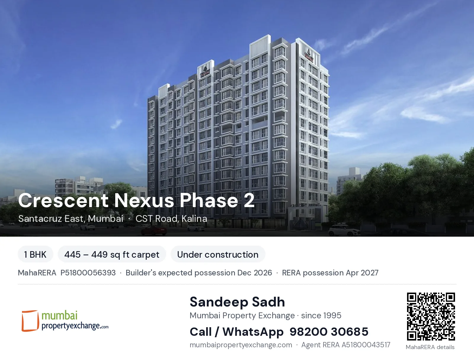 Crescent Nexus Phase 2, Santacruz East, Mumbai — 1 BHK new project, builder's expected possession Dec 2026, RERA possession Apr 2027 | Mumbai Property Exchange, Sandeep Sadh 98200 30685