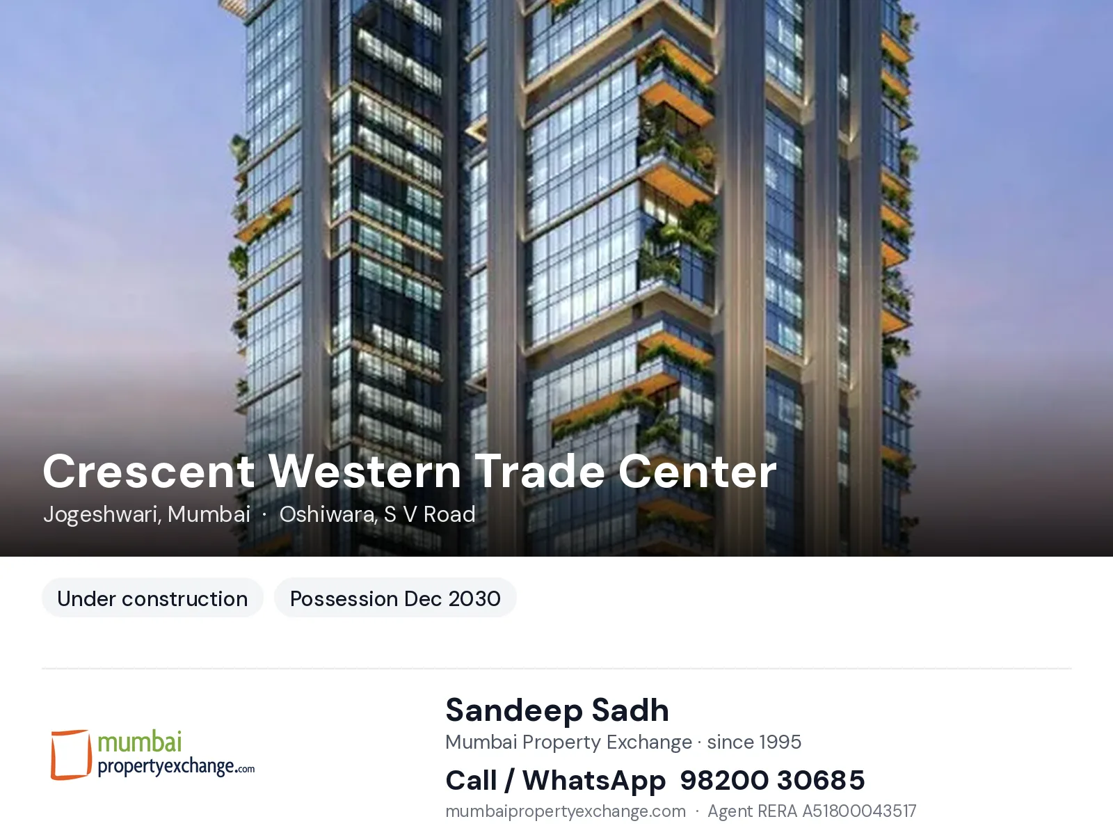 Crescent Western Trade Center, Jogeshwari, Mumbai — new project, possession Dec 2030 | Mumbai Property Exchange, Sandeep Sadh 98200 30685