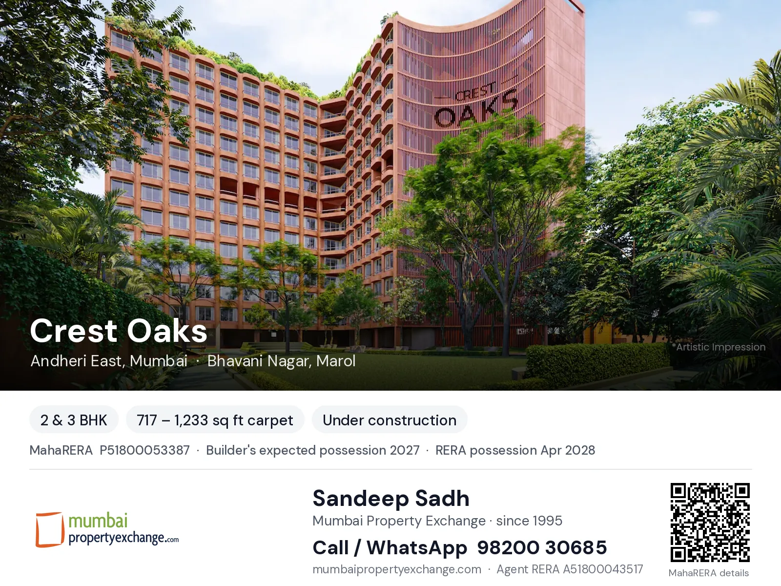 Crest Oaks, Andheri East, Mumbai — 2 & 3 BHK new project, builder's expected possession 2027, RERA possession Apr 2028 | Mumbai Property Exchange, Sandeep Sadh 98200 30685