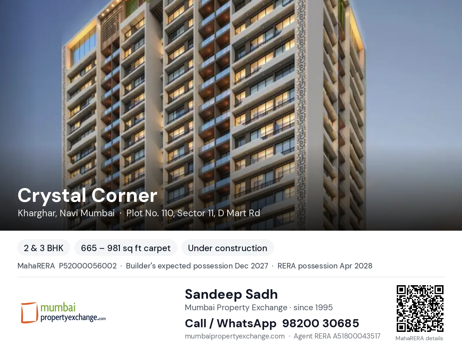 Crystal Corner by Qualcon, Kharghar, Navi Mumbai — 2 & 3 BHK new project, builder's expected possession Dec 2027, RERA possession Apr 2028 | Mumbai Property Exchange, Sandeep Sadh 98200 30685