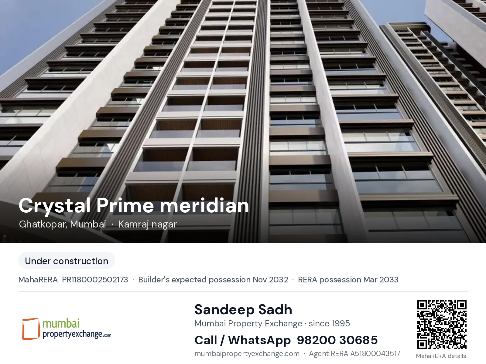 Crystal Prime meridian, Ghatkopar, Mumbai — new project, builder's expected possession Nov 2032, RERA possession Mar 2033 | Mumbai Property Exchange, Sandeep Sadh 98200 30685