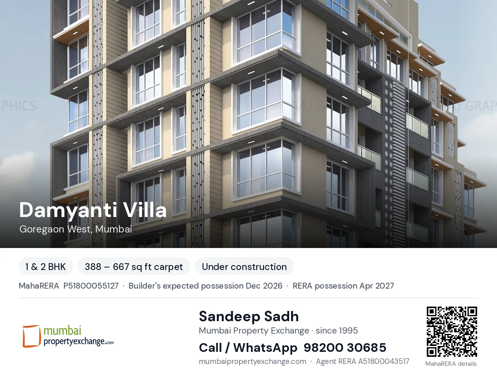 Damyanti Villa by B-Right, Goregaon West, Mumbai — 1 & 2 BHK new project, builder's expected possession Dec 2026, RERA possession Apr 2027 | Mumbai Property Exchange, Sandeep Sadh 98200 30685