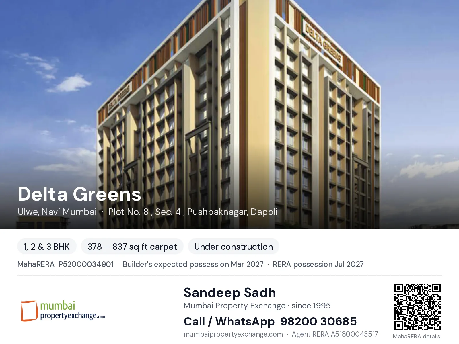Delta Greens, Ulwe, Navi Mumbai — 1, 2 & 3 BHK new project, builder's expected possession Mar 2027, RERA possession Jul 2027 | Mumbai Property Exchange, Sandeep Sadh 98200 30685