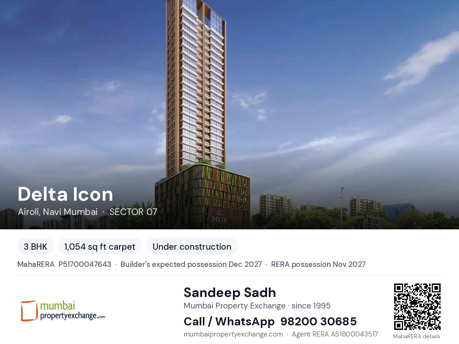 Delta Icon, Airoli, Navi Mumbai — 3 BHK new project, builder's expected possession Dec 2027, RERA possession Nov 2027 | Mumbai Property Exchange, Sandeep Sadh 98200 30685