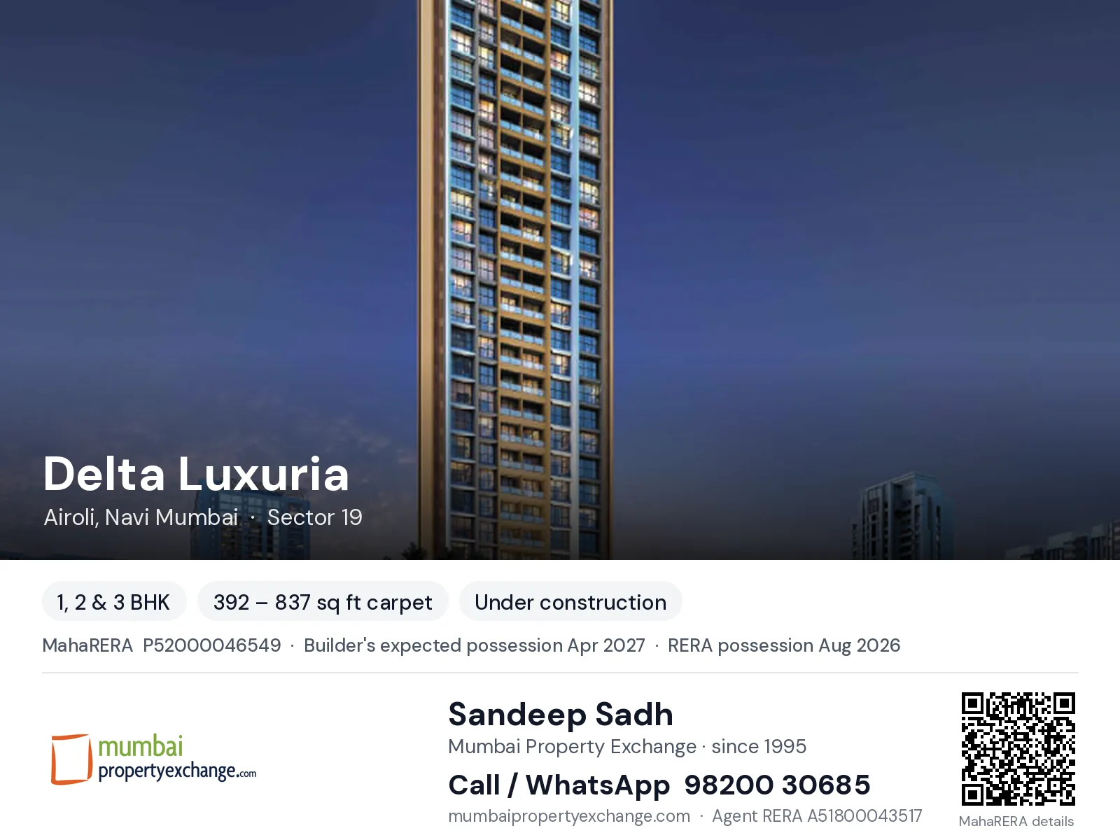Delta Luxuria, Airoli, Navi Mumbai — 1, 2 & 3 BHK new project, builder's expected possession Apr 2027, RERA possession Aug 2026 | Mumbai Property Exchange, Sandeep Sadh 98200 30685