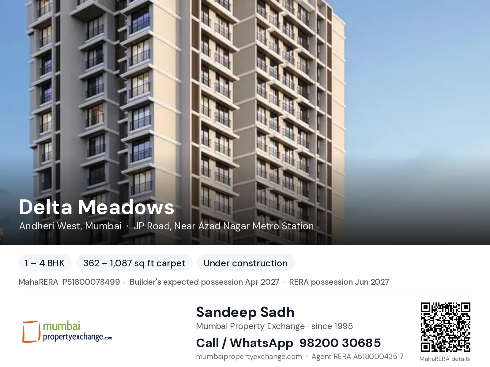 Delta Meadows, Andheri West, Mumbai — 1 – 4 BHK new project, builder's expected possession Apr 2027, RERA possession Jun 2027 | Mumbai Property Exchange, Sandeep Sadh 98200 30685