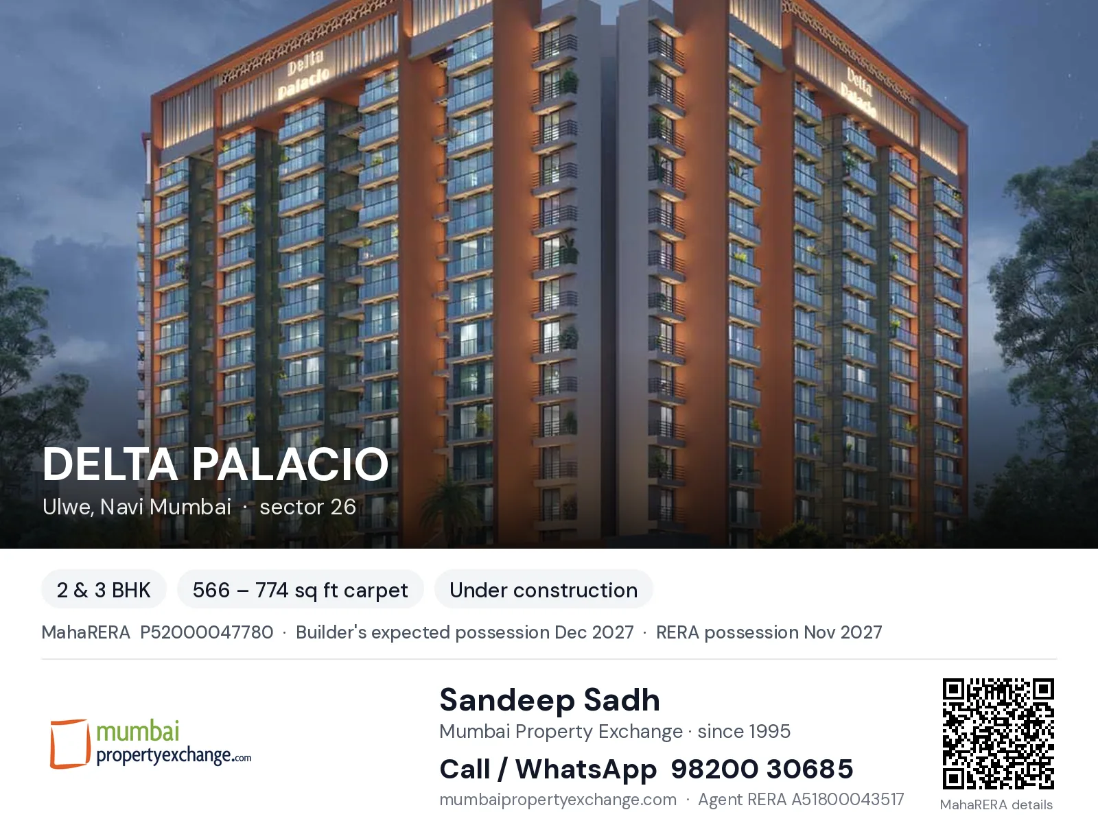 DELTA PALACIO, Ulwe, Navi Mumbai — 2 & 3 BHK new project, builder's expected possession Dec 2027, RERA possession Nov 2027 | Mumbai Property Exchange, Sandeep Sadh 98200 30685
