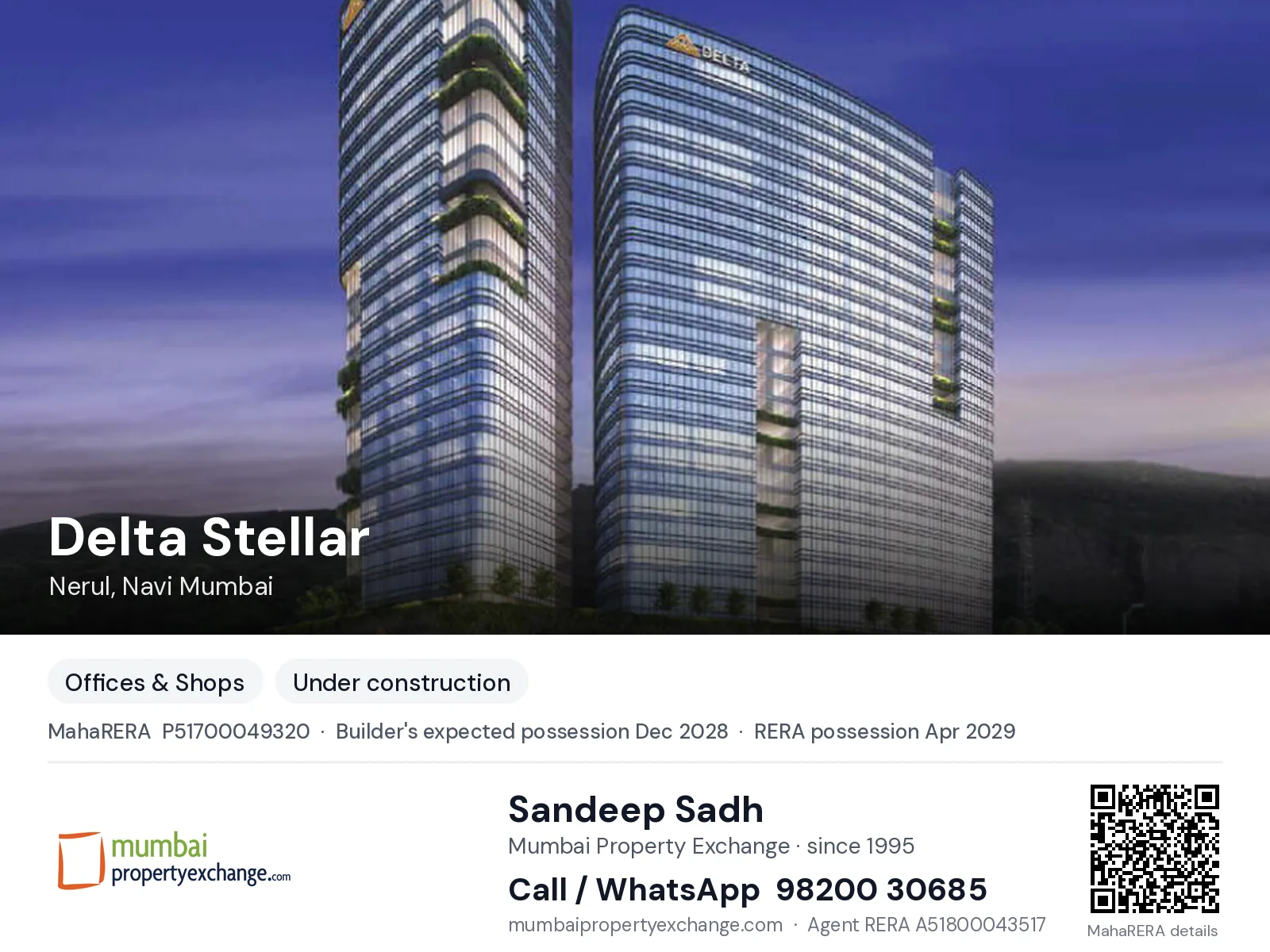 Delta Stellar, Nerul, Navi Mumbai — new project, builder's expected possession Dec 2028, RERA possession Apr 2029 | Mumbai Property Exchange, Sandeep Sadh 98200 30685