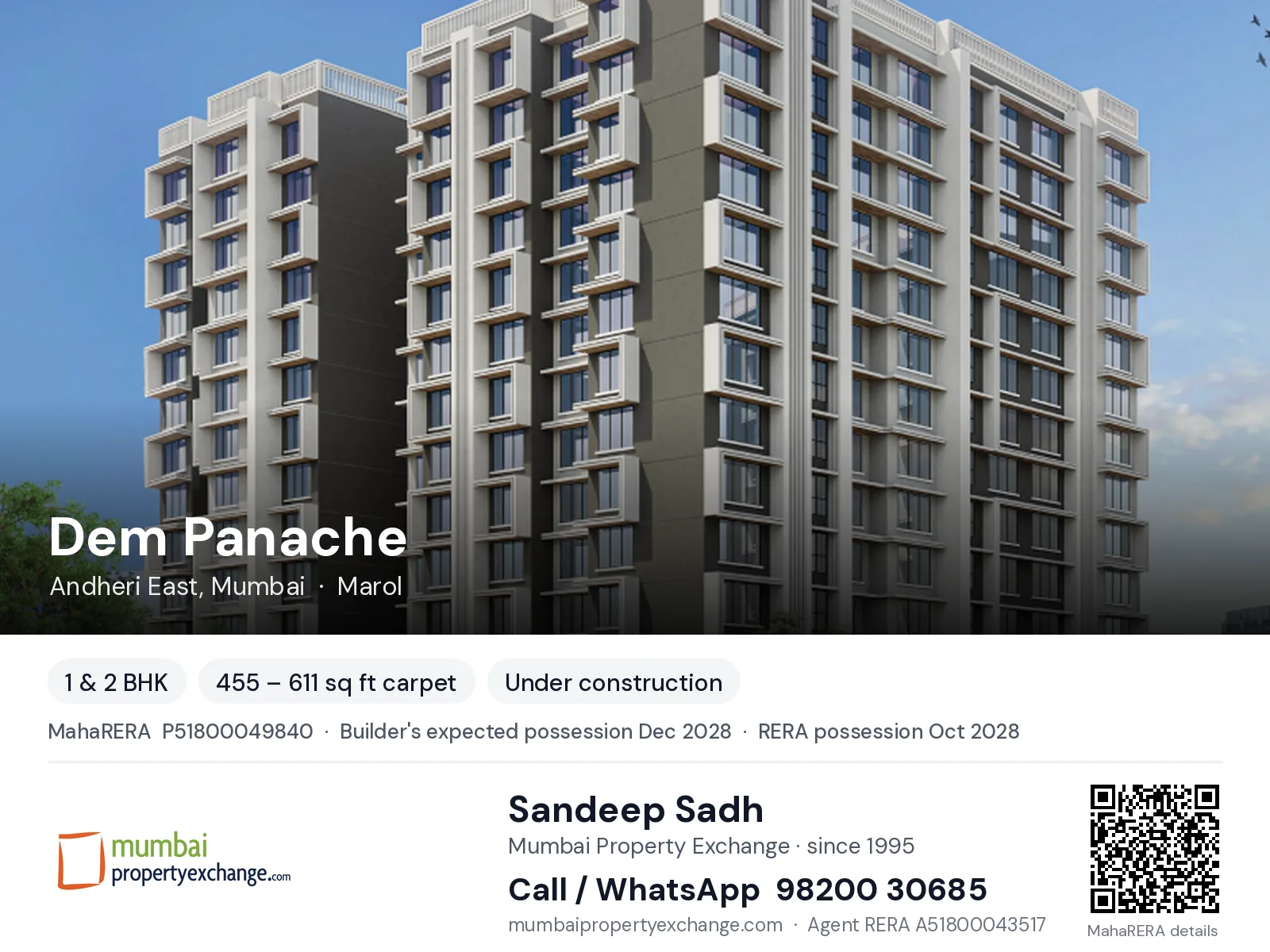 Dem Panache by Starwing, Andheri East, Mumbai — 1 & 2 BHK new project, builder's expected possession Dec 2028, RERA possession Oct 2028 | Mumbai Property Exchange, Sandeep Sadh 98200 30685