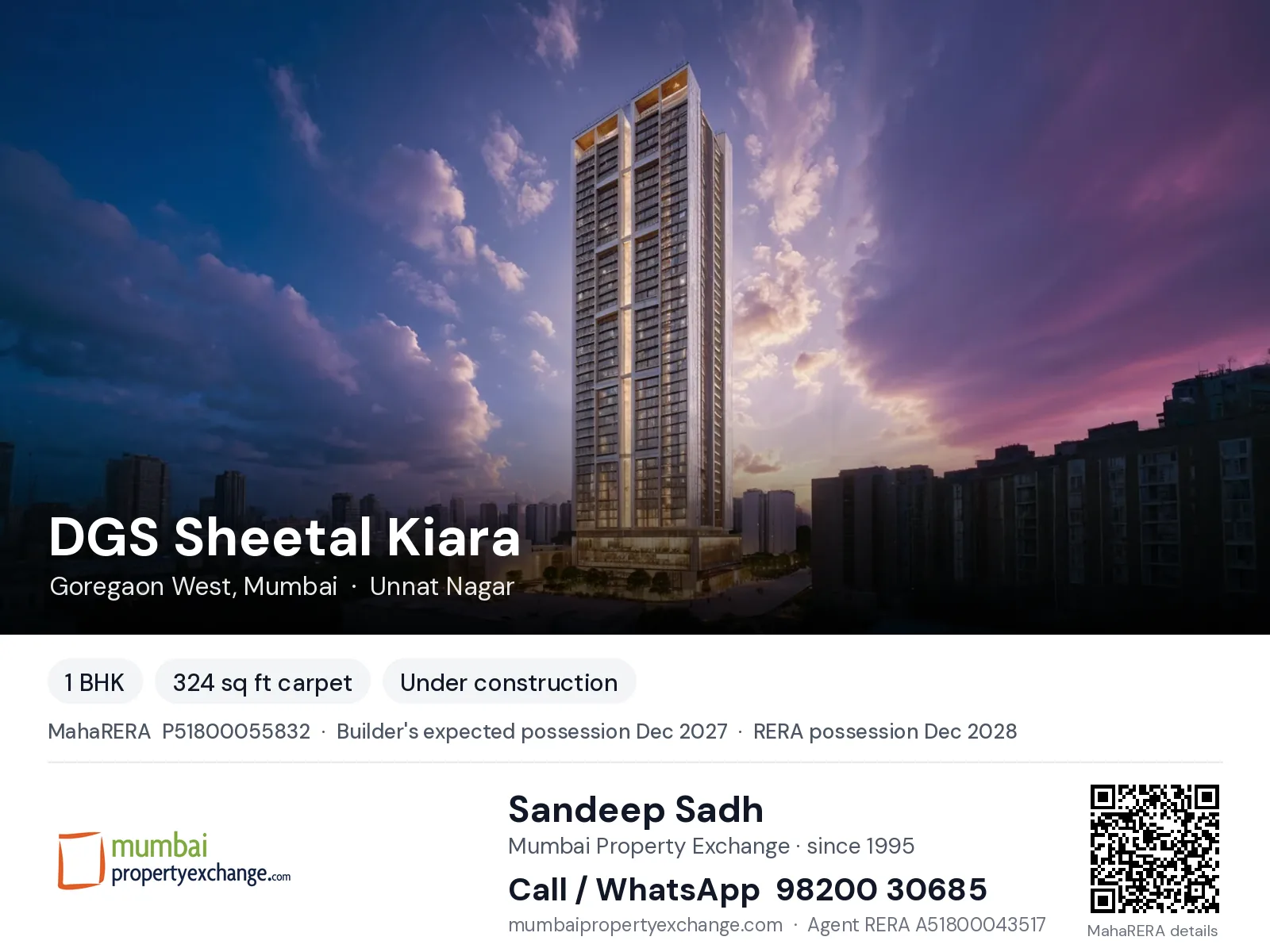 DGS Sheetal Kiara, Goregaon West, Mumbai — 1 BHK new project, builder's expected possession Dec 2027, RERA possession Dec 2028 | Mumbai Property Exchange, Sandeep Sadh 98200 30685