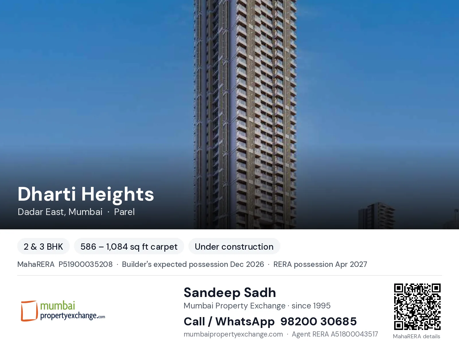 Dharti Heights by Rishabh, Dadar East, Mumbai — 2 & 3 BHK new project, builder's expected possession Dec 2026, RERA possession Apr 2027 | Mumbai Property Exchange, Sandeep Sadh 98200 30685