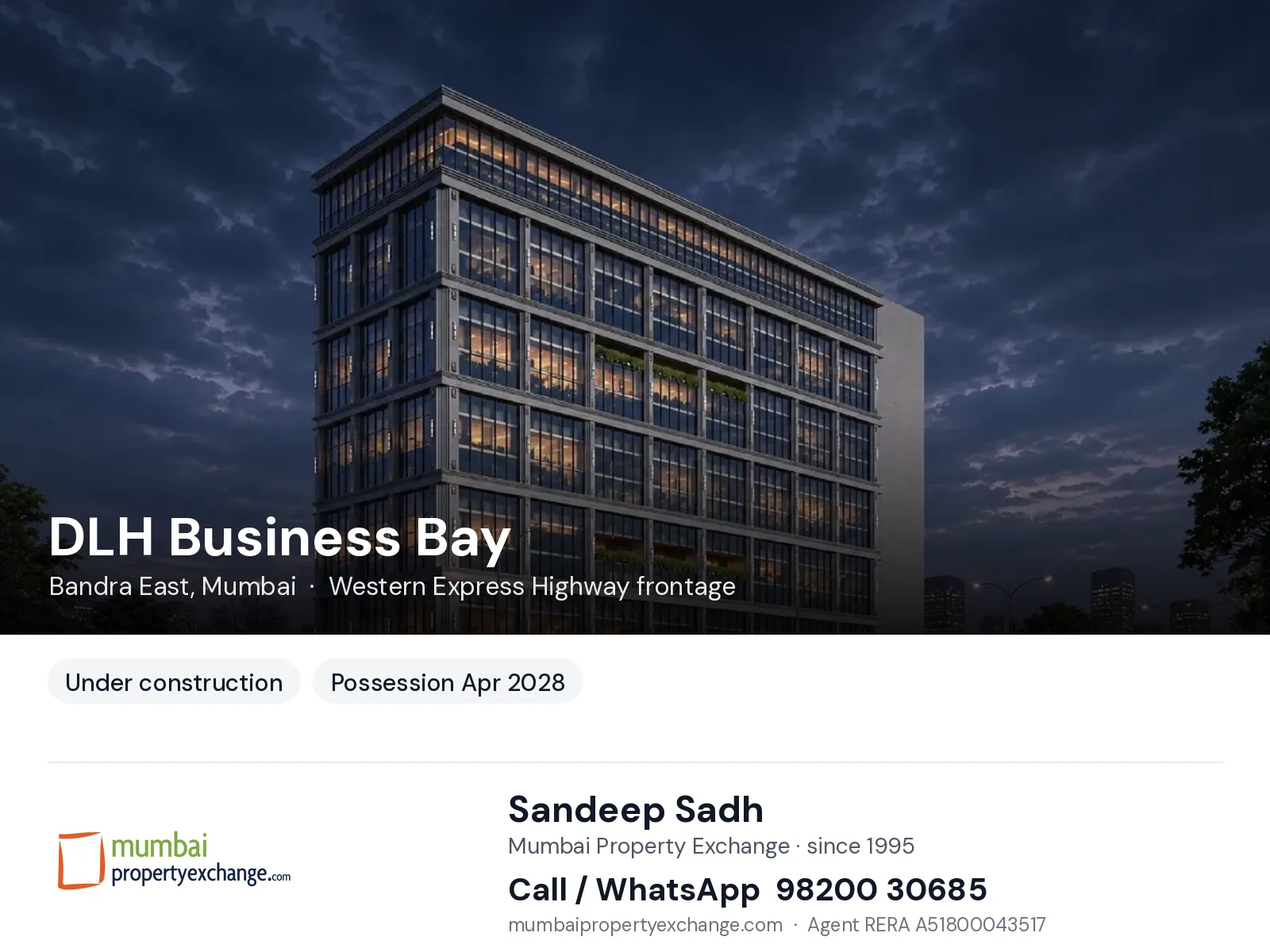 DLH Business Bay, Bandra East, Mumbai — new project, possession Apr 2028 | Mumbai Property Exchange, Sandeep Sadh 98200 30685