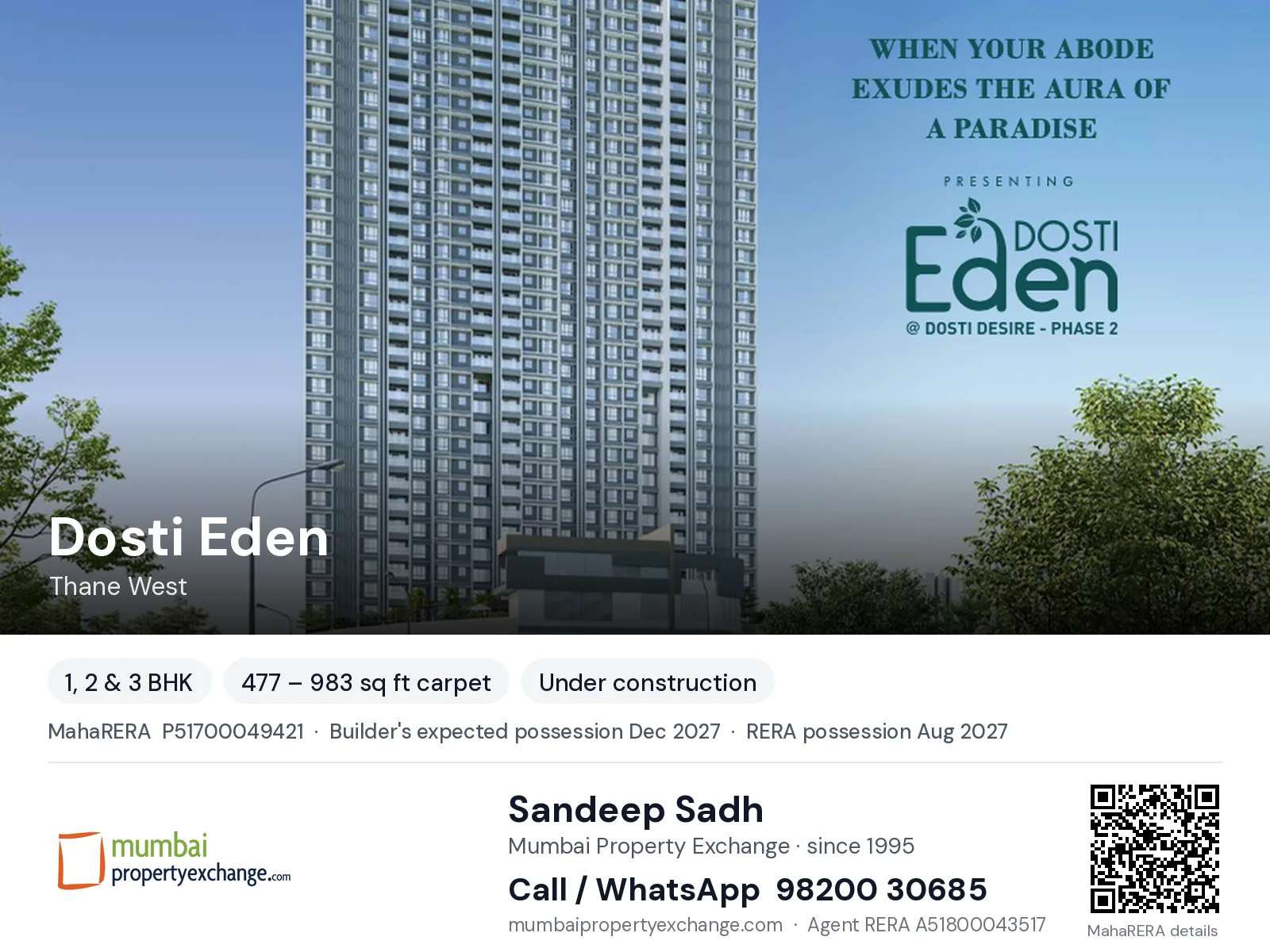 Dosti Eden, Thane West — 1, 2 & 3 BHK new project, builder's expected possession Dec 2027, RERA possession Aug 2027 | Mumbai Property Exchange, Sandeep Sadh 98200 30685
