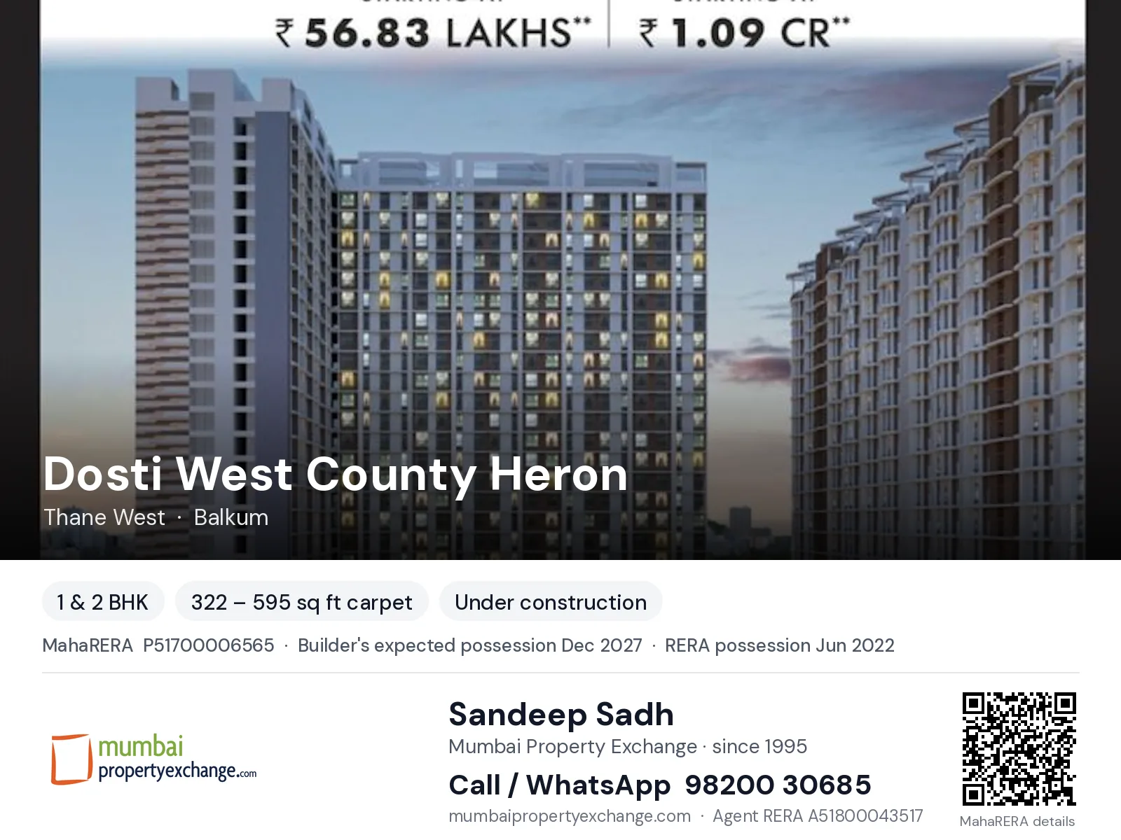 Dosti West County Heron, Thane West — 1 & 2 BHK new project, builder's expected possession Dec 2027, RERA possession Jun 2022 | Mumbai Property Exchange, Sandeep Sadh 98200 30685