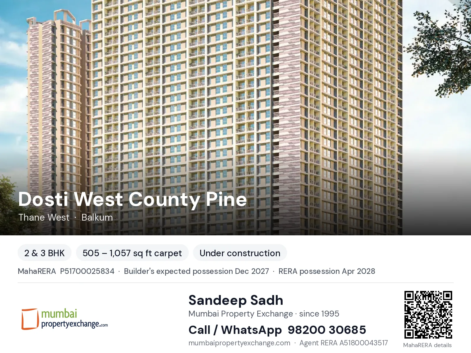 Dosti West County Pine, Thane West — 2 & 3 BHK new project, builder's expected possession Dec 2027, RERA possession Apr 2028 | Mumbai Property Exchange, Sandeep Sadh 98200 30685