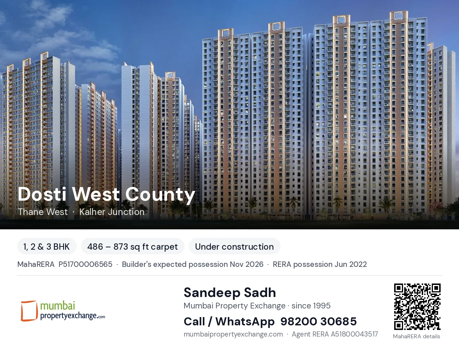 Dosti West County, Thane West — 1, 2 & 3 BHK new project, builder's expected possession Nov 2026, RERA possession Jun 2022 | Mumbai Property Exchange, Sandeep Sadh 98200 30685