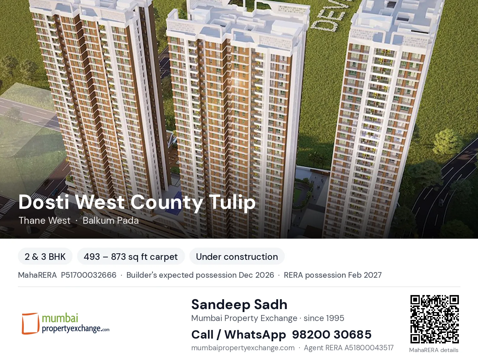 Dosti West County Tulip, Thane West — 2 & 3 BHK new project, builder's expected possession Dec 2026, RERA possession Feb 2027 | Mumbai Property Exchange, Sandeep Sadh 98200 30685