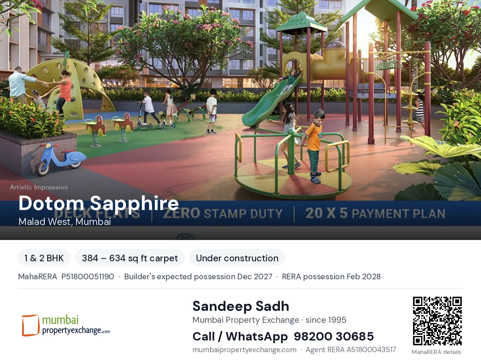 Dotom Sapphire, Malad West, Mumbai — 1 & 2 BHK new project, builder's expected possession Dec 2027, RERA possession Feb 2028 | Mumbai Property Exchange, Sandeep Sadh 98200 30685