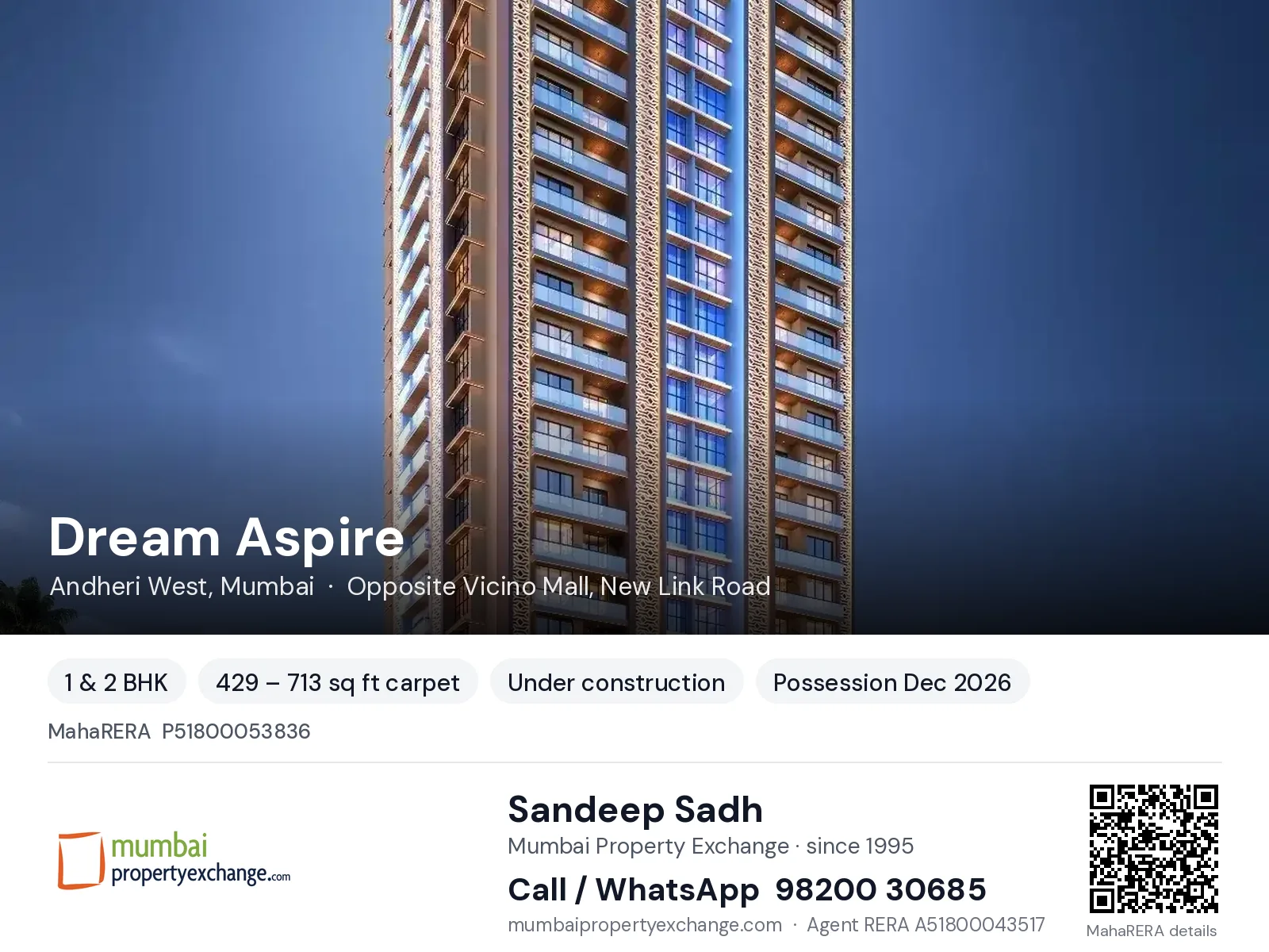 Dream Aspire, Andheri West, Mumbai — 1 & 2 BHK new project, possession Dec 2026 | Mumbai Property Exchange, Sandeep Sadh 98200 30685