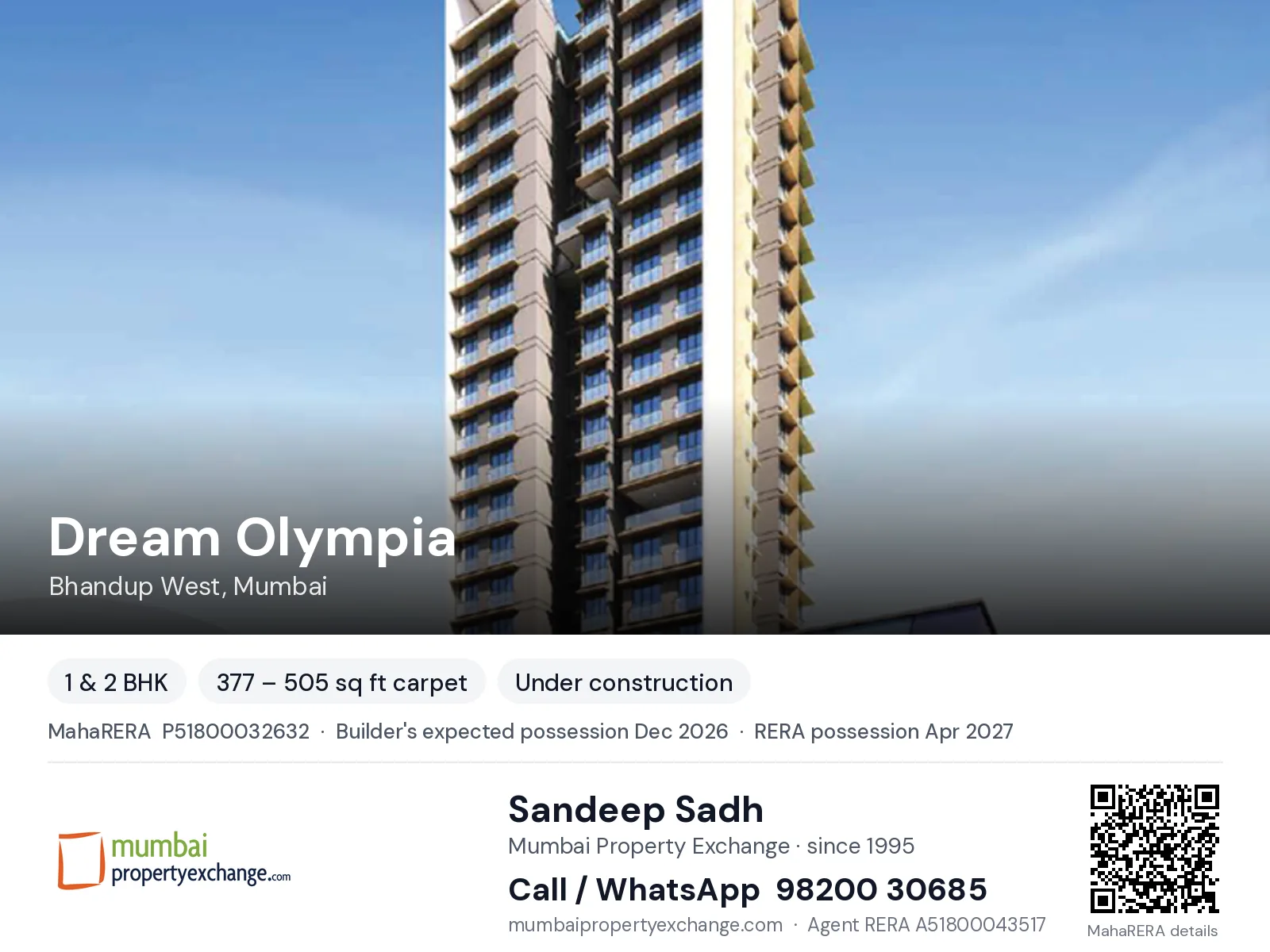 Dream Olympia by Dreams, Bhandup West, Mumbai — 1 & 2 BHK new project, builder's expected possession Dec 2026, RERA possession Apr 2027 | Mumbai Property Exchange, Sandeep Sadh 98200 30685